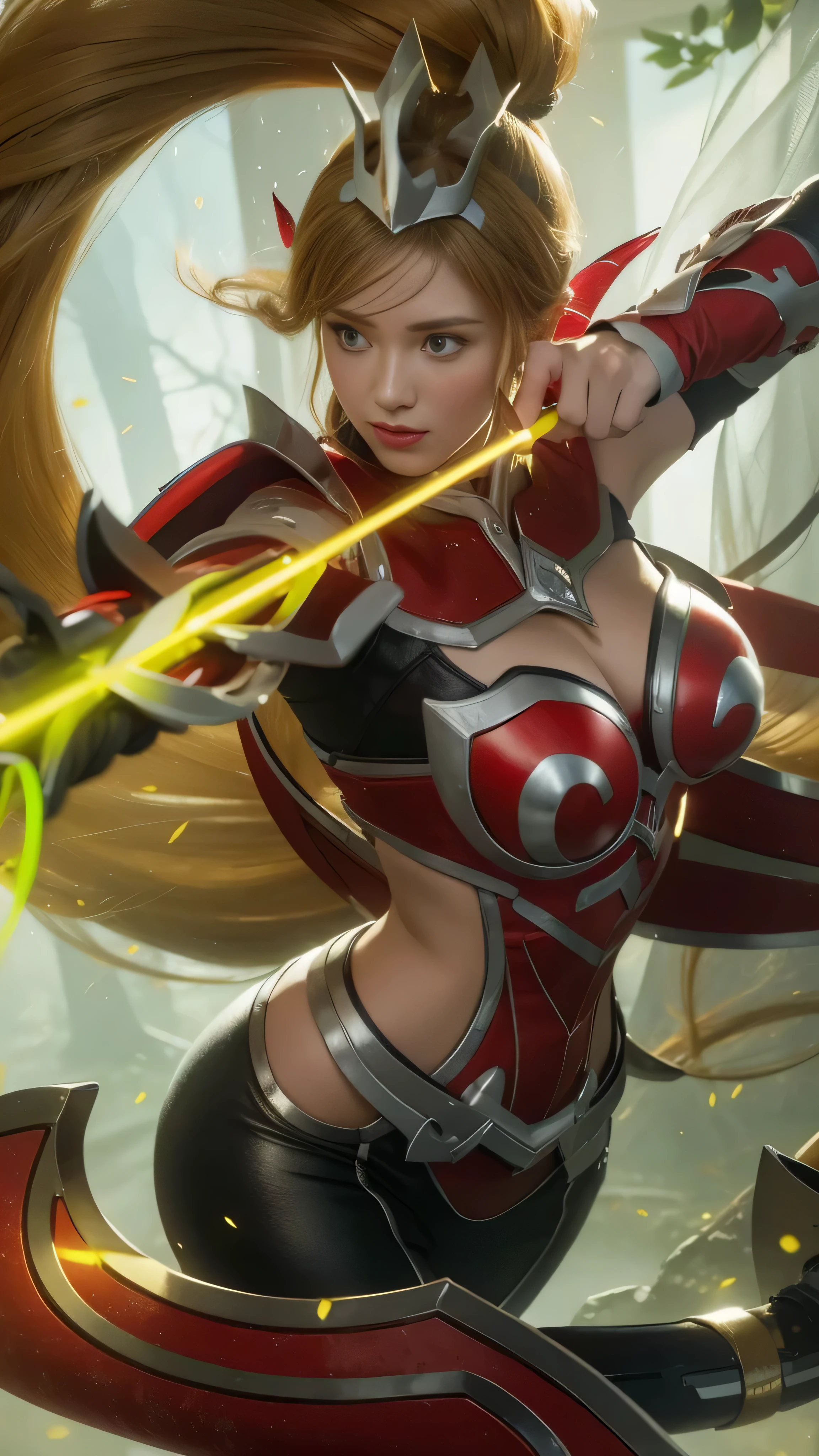 8k, highly detailed, a beautiful woman in red and silver clothes holding a crossbow