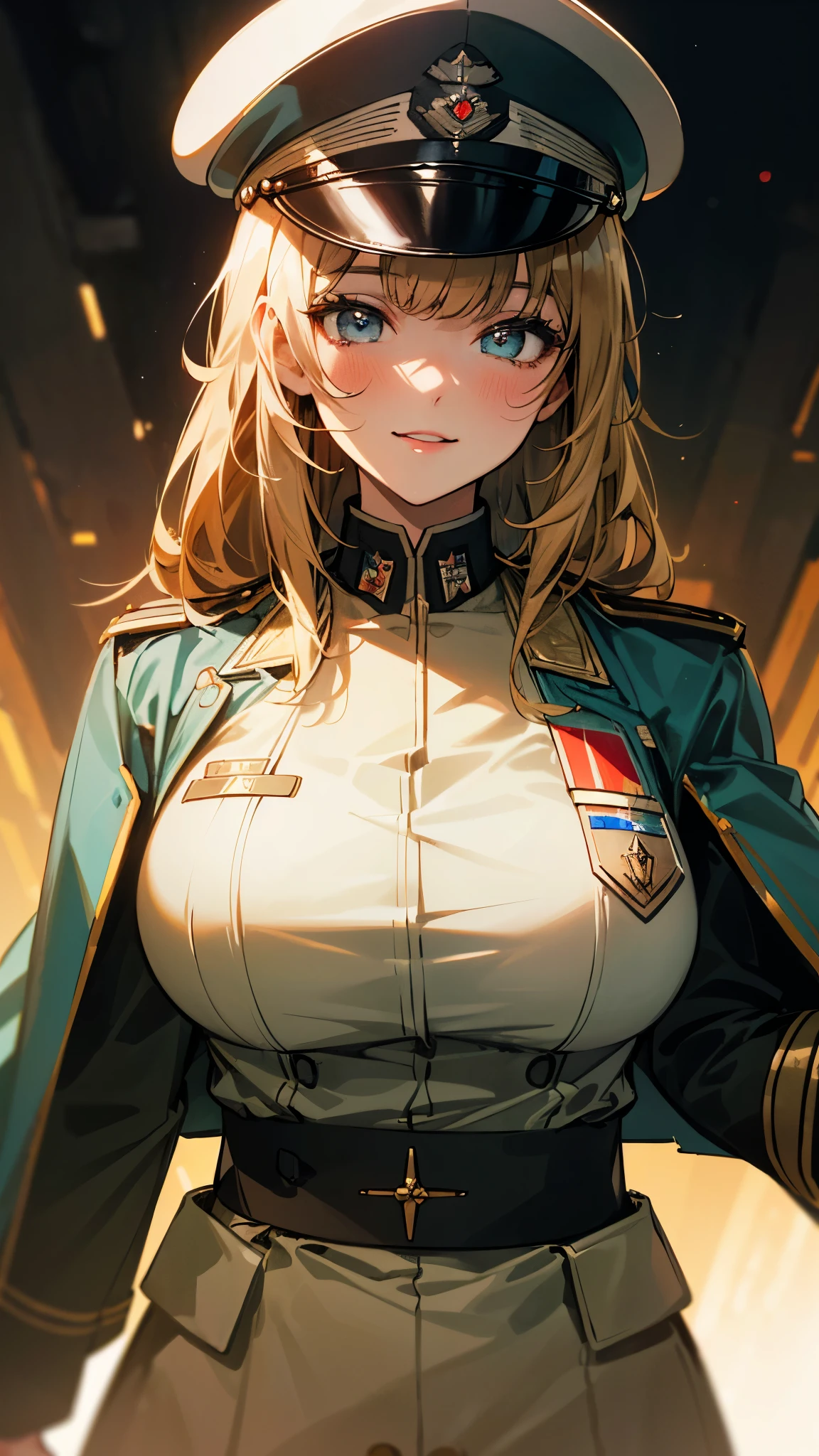 anger, (((Muscular girl toned body huge breasts))), ((six packs, chiseled abs)), (((ample, gigantic breasts, large areolae))), Long silky blonde hair, yellow eyes, white skin (latex, military uniform, wearing white military uniform), background surrounded by crowd