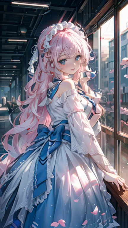 ((best quality)), ((master piece)), (detailed:1.4), beautiful cyberpunk woman image,HDR(high dynamic range),ray tracing,NVIDIA RTX,super resolution,fantasy 5,Scattered beneath the surface,PBR texture,Post-processing,anisotropic filtering,Depth of bounds written,Maximum clarity and sharpness,multilayer texture,Albedo and specular maps,surface coloring,Accurate simulation of honey-material interactions,perfectly proportioned,Rendering with Octane,two color light,Large Diameter,Low ISO,White balance,rule 3 points、8K raw data、Beautiful bright blue pupils,off shoulder clothes,fine student,delicate face and eyes,long eyelashes,blush,delicate and fluffy hair,pink lip,Pure,cute face,sweet girl,artistic sense,casual wear,Advanced Sense,butterfly,cherry blossom petals,beautiful hair accessories,long hair and waist,hair blowing in the wind,curly,positive light,The light from the rear window is backlit.