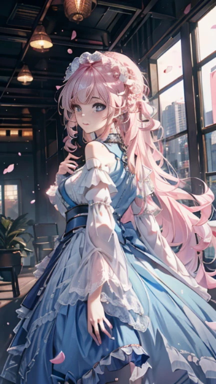 ((best quality)), ((master piece)), (detailed:1.4), beautiful cyberpunk woman image,HDR(high dynamic range),ray tracing,NVIDIA RTX,super resolution,fantasy cattered beneath the surface,PBR texture,Post-processing,anisotropic filtering,Depth of bounds written,Maximum clarity and sharpness,multilayer texture,Albedo and specular maps,surface coloring,Accurate simulation of honey-material interfectly proportioned,Rendering with Octane,two color light,Large Diameter,Low ISO,White balance,rule 3 points、8K raw data、Beautiful bright blue pupils,off shoulder clothes,fine student,delicate face and eyes,long eyelashes,blush,delicate and fluffy hair,pink lip,Pure,cute face,sweet girl,artistic sense,casual wear,Advanced Sense,butterfly,cherlossom petals,beautiful hair accessories,long hair and waist,hair blowing in the wind,curly,positive light,The light from the rear window is backlit.