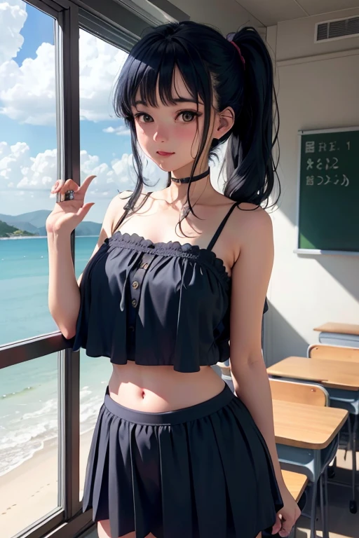 1 girl, alone, Laura S. Alceid (long dark blue hair, Ponytail and side van, ), ((In a school dress showing off her panties)), blush、Short clothes that show your waist、Classroom on the second floor with a sea view、Belly button look、