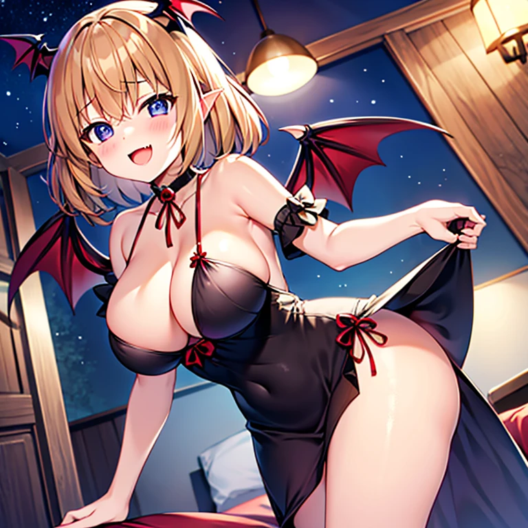 cute face Angle from directly below big breasts pose of temptation、laughter charm Rear angle choker cute dress vampire princess room bed little bat flying in the middle of the night emphasize the chest