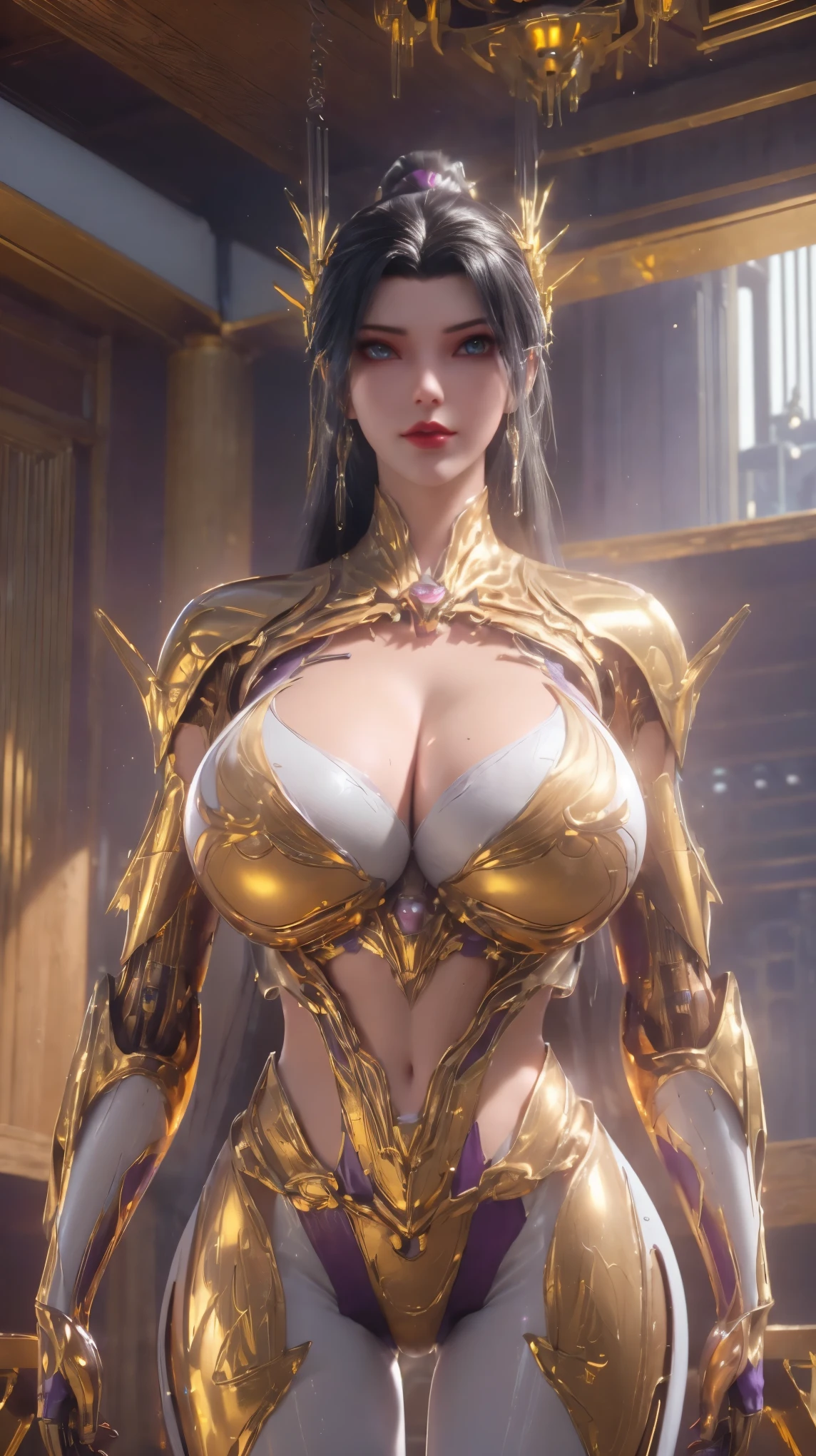 UPPER BODY,SOLO,(PHOENIX HELM), (GIGANTIC FAKE BREAST,CLEAVAGE,MUSCLE ABS:1.5), (PURPLE,GOLDEN SHINY NSFW FUTURISTIC MECHA SCI-FI CROP TOP:1.5), (WHITE MECHA SKINTIGHT LEGGINGS:1.5),(SLENDER BODY MATURE WOMAN:1.5), (NSFW SWEATY BUSTY BODY:1.5), (LOOKING AT VIEWER:1.3),(CLOSE UP:0.8),(HALLROOM OF FUTURISTIC SPACE STATION:1), (PHOTOREALSITIC:1.4), (ULTRA-DETAILLIERT), (TOP-QUALITY), (BEST SHADOWS), (​MASTERPIECE), BRIGHT LIGHT IN ROOM, HYPER TEXTURE, (4X MSAA), ((UNREAL ENGINE 5 RENDER)), PHYSICALLY-BASED RENDERING, ULTRA HIGHT DEFINITION, 16K, 1080P.