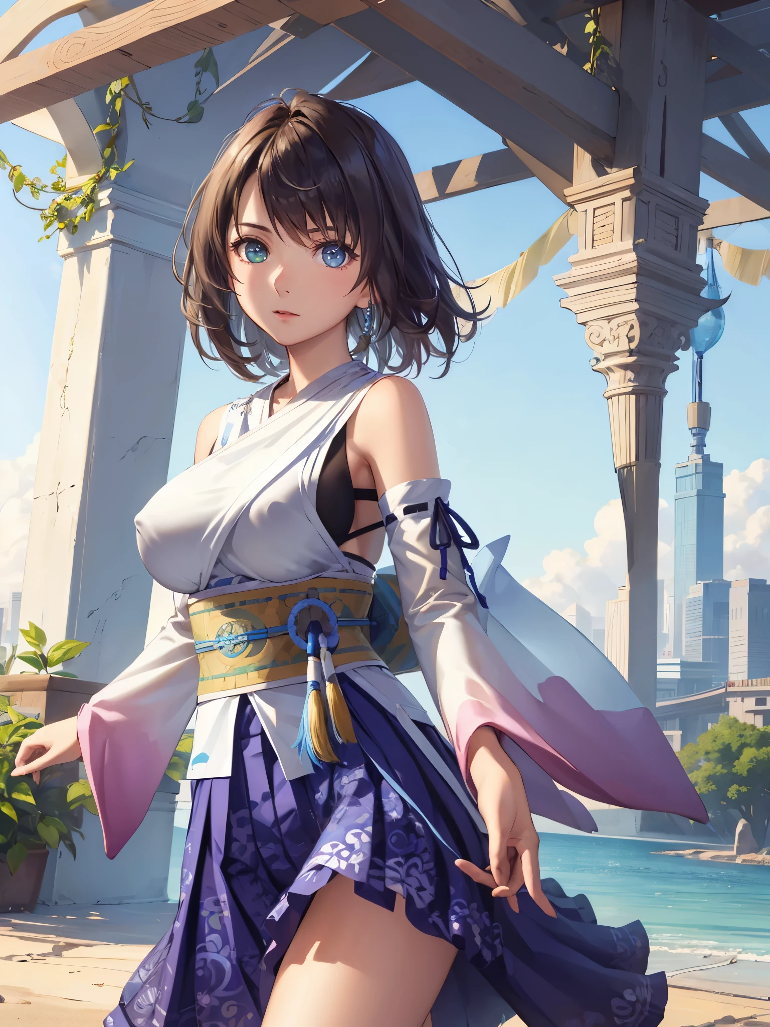 (1 girl),(high quality), (High resolution), (extremely detailed), (8K),(focus on lower body),transparent outfit,(CG illustration)YunaFFX、heterochromiashort hair,YunaFFX、heterochromia、short hair、YunaOutfit、hair ornaments、Removal sleeve、hakama、band、hakamaスカート、long skirt,(Beautifully erect nipple shape),High resolutionの美しい目,(neutral white lighting:1.2),dancing,