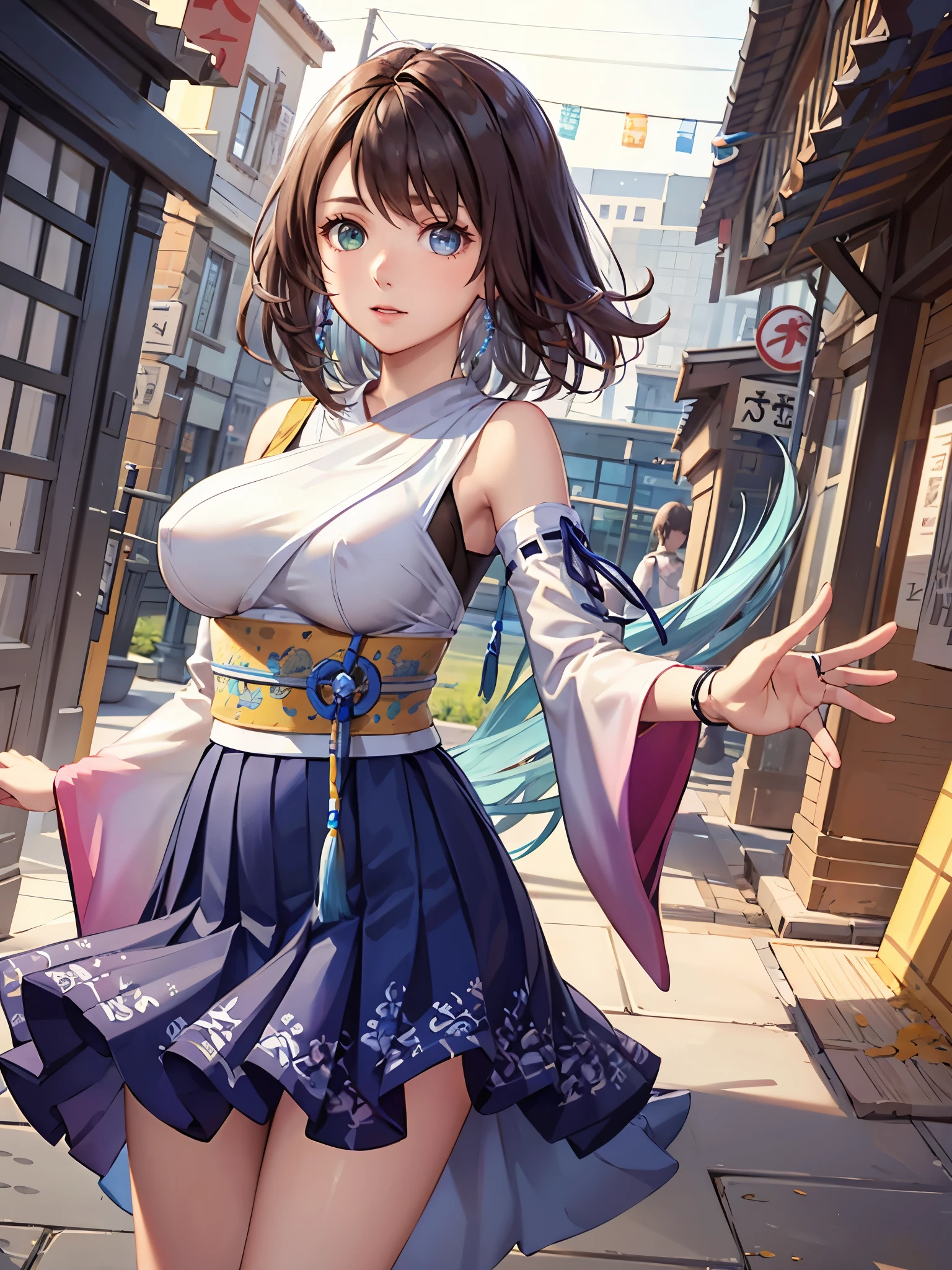 (1 girl),(high quality), (High resolution), (extremely detailed), (8K),(focus on lower body),transparent outfit,(CG illustration)YunaFFX、heterochromiashort hair,YunaFFX、heterochromia、short hair、YunaOutfit、hair ornaments、Removal sleeve、hakama、band、hakamaスカート、long skirt,(Beautifully erect nipple shape),High resolutionの美しい目,(neutral white lighting:1.2),dancing,