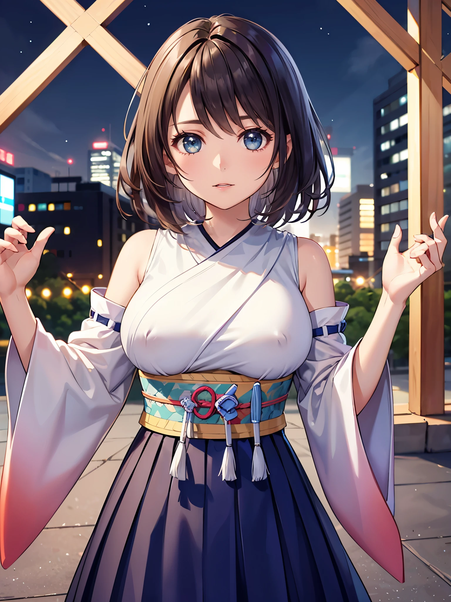 (1 girl),(high quality), (High resolution), (extremely detailed), (8K),(upper body shot),transparent outfit,(CG illustration)YunaFFX、heterochromiashort hair,YunaFFX、heterochromia、short hair、YunaOutfit、hair ornaments、Removal sleeve、hakama、band、hakamaスカート、long skirt,(Beautifully erect nipple shape),High resolutionの美しい目,(neutral white lighting:1.2),dancing,