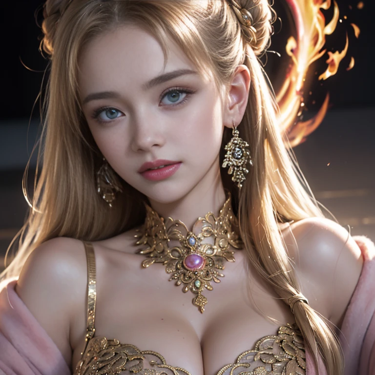 masterpiece,Highest image quality,Super details,best quality ,extremely delicate and beautiful, Very detailed,best quality, official art, Extremely detailed CG unified 8k wallpaper, Ana de Armas portrait photo, Blonde hair with black pupils,shiny skin, (beautiful eyes:1.1), beautiful skin, big watery eyes,(detailed lighting:1.2), (Beautiful and detailed light:1.3),The noble goddess wearing the flame robe,Intricate Flame Shroud Details,Gorgeous and complex hollow ultra-thin flame dress,Beautiful udder, The most perfect breast shape,firm breast,Deep cleavage,Naked of breast,complex, digital drawing, Smooth, sharp focus, end of the world, epic reality, (high dynamic range:1.4), (pastel colors:1.4), Revelation,Bright colors, screen space refraction, (intricate details, Super detailed:1.3), art station, lens, complex background, buliding,Beautiful smile,The most beautiful look,Dreamcatcher earrings,The best look,beautiful goddess of fire,