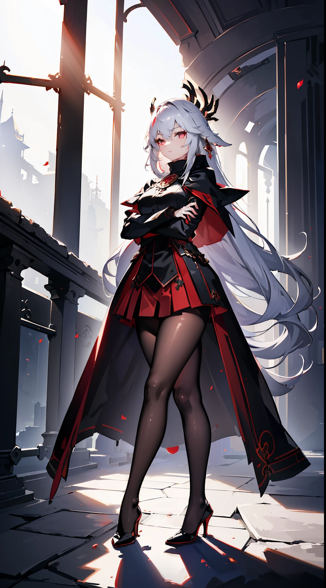 (masterpiece, best quality, highres, high quality:1.2), award winning, super detail, high details, textured skin, anatomically correct, ccurate, UHD, retina, ((4k,1080P, HD)), silver white hair, long hair, shinny hair, perfect breasts, small breasts, charming and stunning woman, attractive beauty, pantyhose black, ((black Cloak)), high heels, ((Crimson red Eyes)), crimson throne, crimson palace, (crimson lightning),((perfect anatomy)), ((1girl)), perfect hands,black gloves, ((standing)), ((crossed arms)), (mature young woman), cute girl, beautiful girl, ((high shot angle)),black short skirt, (perfect legs), ((beautiful and stunning young girl, attractive girl)), ((perfect body, sexy body)), (((full body))),((ultra_detailed)), ((standing straight)), ((she is short, short legs)), young female girl, ((red skirt)), ray tracing, light reflection, cenimatic lighting,