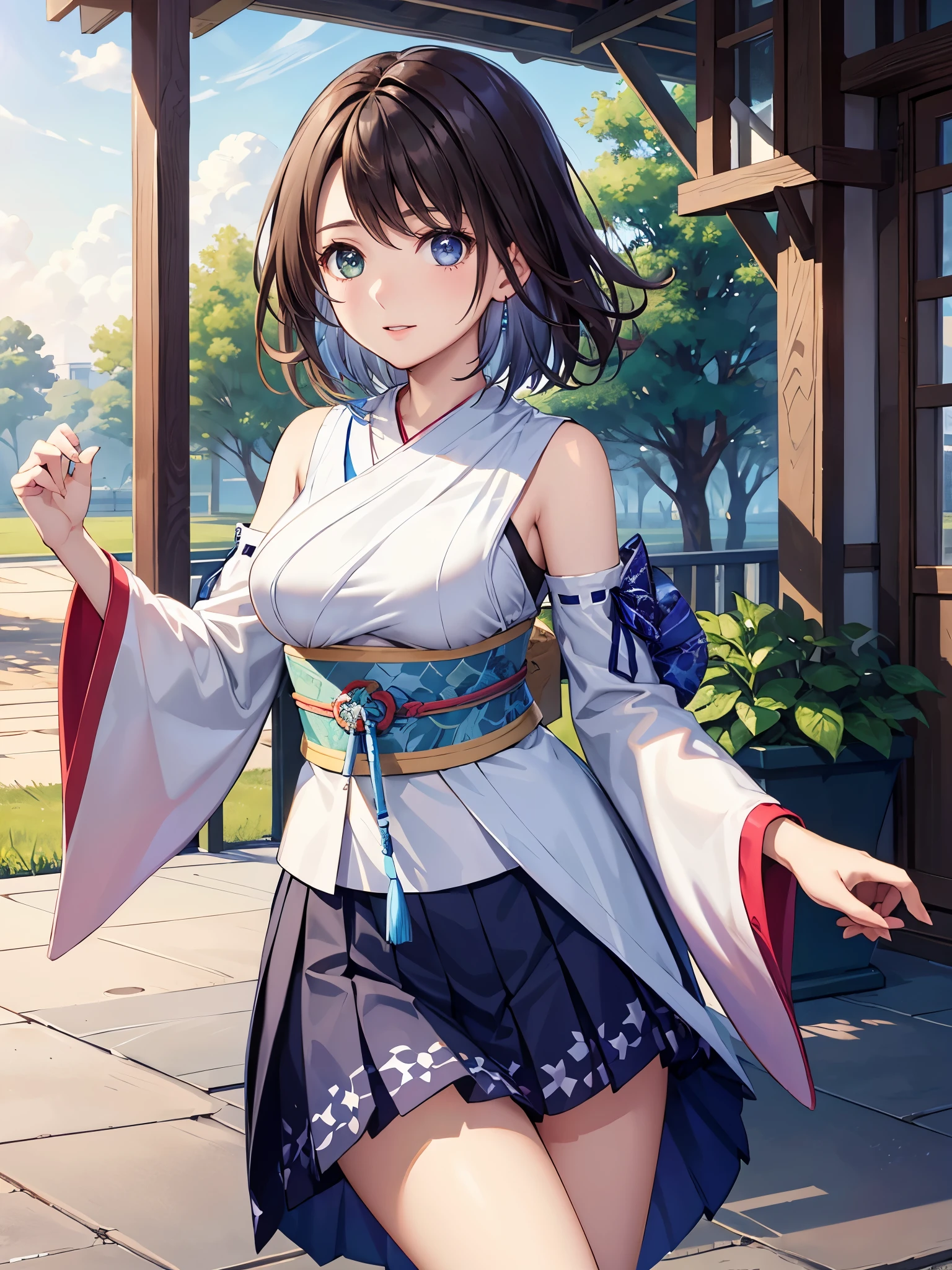 (1 girl),(high quality), (High resolution), (extremely detailed), (8K),(focus on lower body),transparent outfit,(CG illustration)YunaFFX、heterochromiashort hair,YunaFFX、heterochromia、short hair、YunaOutfit、hair ornaments、Removal sleeve、hakama、band、hakamaスカート、long skirt,(Beautifully erect nipple shape),High resolutionの美しい目,(neutral white lighting:1.2),dancing,