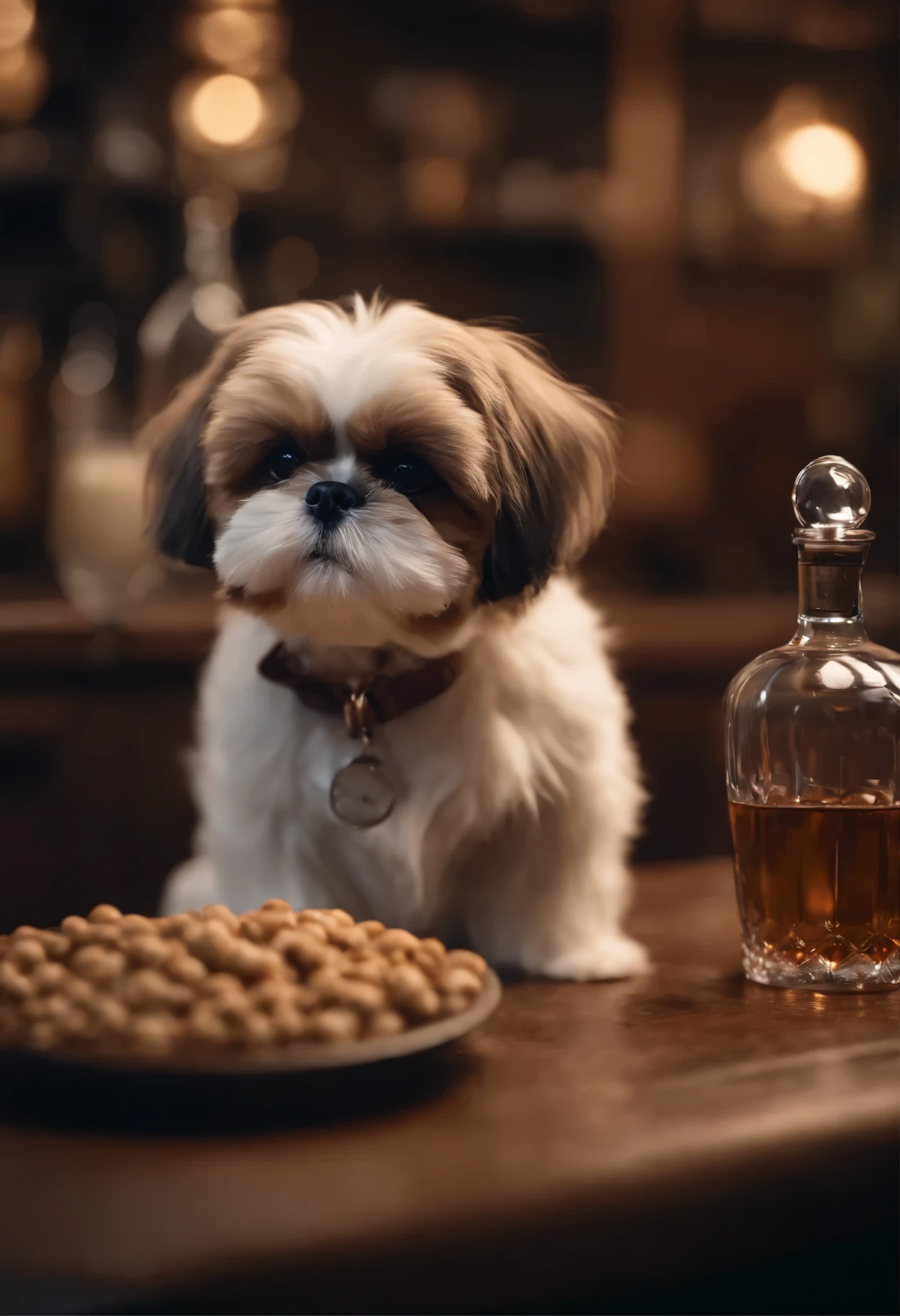 simple background,surreal,hyper detail,Shih Tzu sitting at the bar counter,wine glass、Dishes for dog food、antique、SF,Watch everywhere,Highly detailed surreal VFX,impurities,vision,super fine,Super detailed,high quality,8K ,OC rendering,dynamic viewing angle
