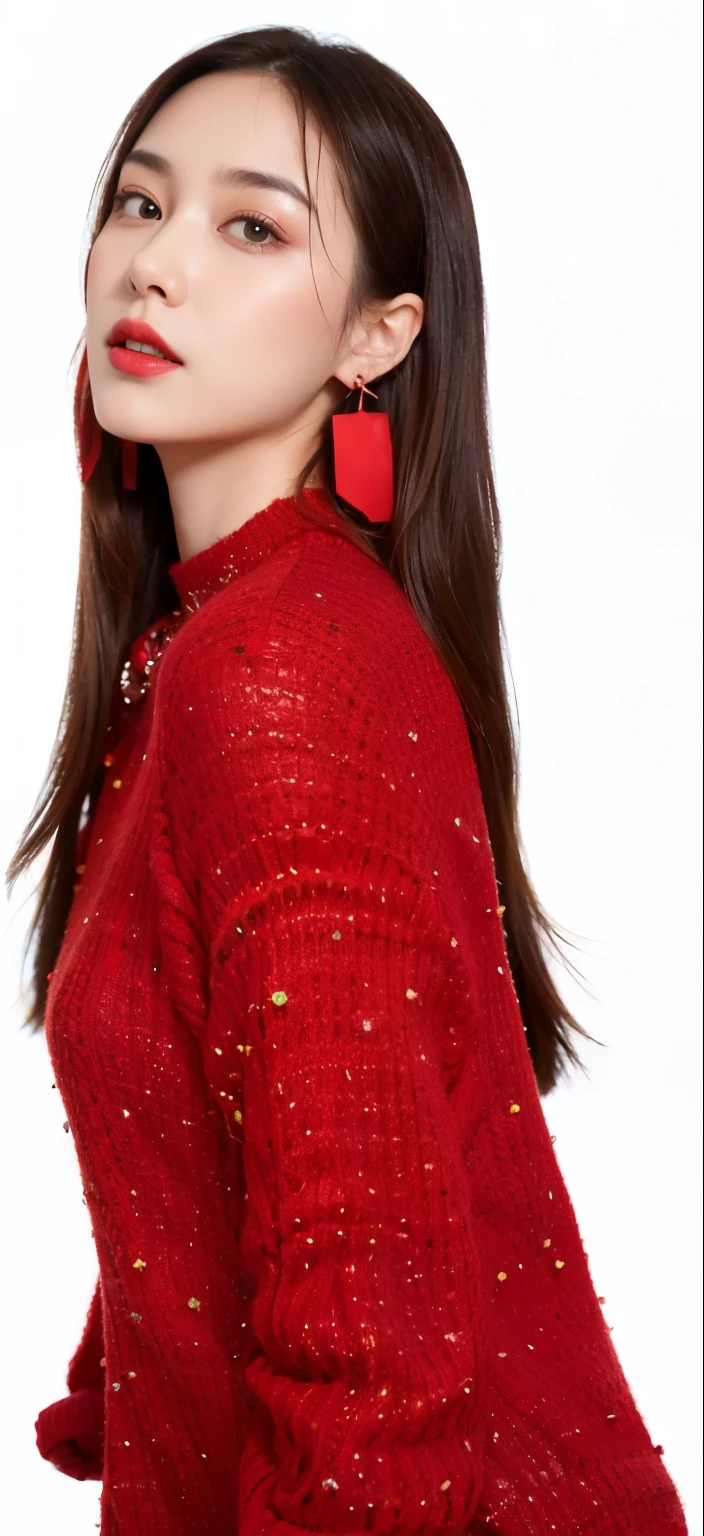 a woman with long hair wearing red sweater and earrings, fine details. red, red adornments, wearing red, red mood in background, red details, all red, bright red, red adornements, red hue, red clothes, rich red, ji-min, in red background, strong red hue, wearing red attire, monochromatic red, red hues