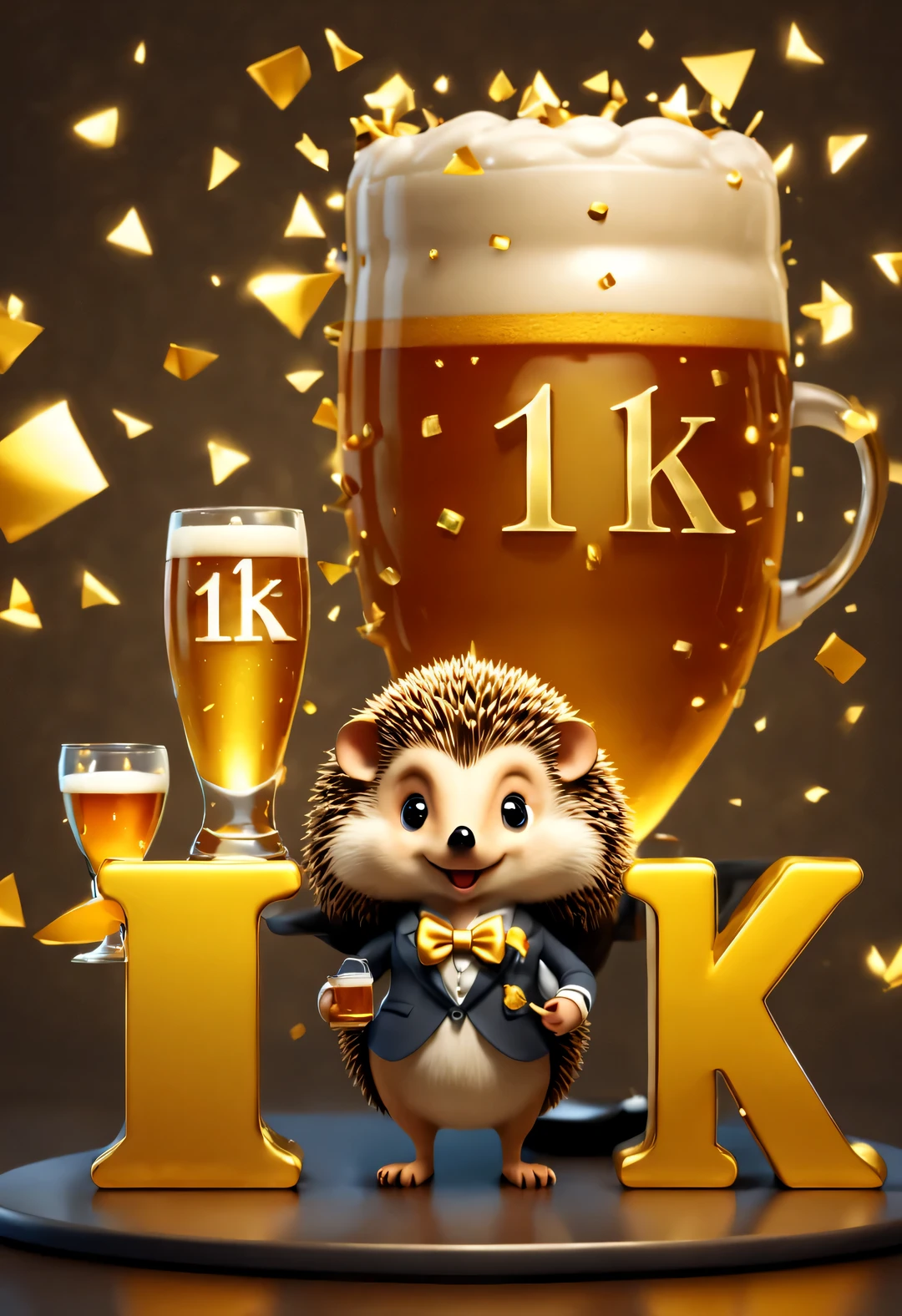 (Kawaii cartoon with bow, Wear exquisite and high-end women&#39;s suits and dresses, Hedgehog holding aloft a huge beer mug), (Bow to the camera), (There are huge golden letters on the table "1K": 1.37), (many, many large beer glasses), champagne bottle,
tilt and move, cartoon, illustration, 3d rendering,