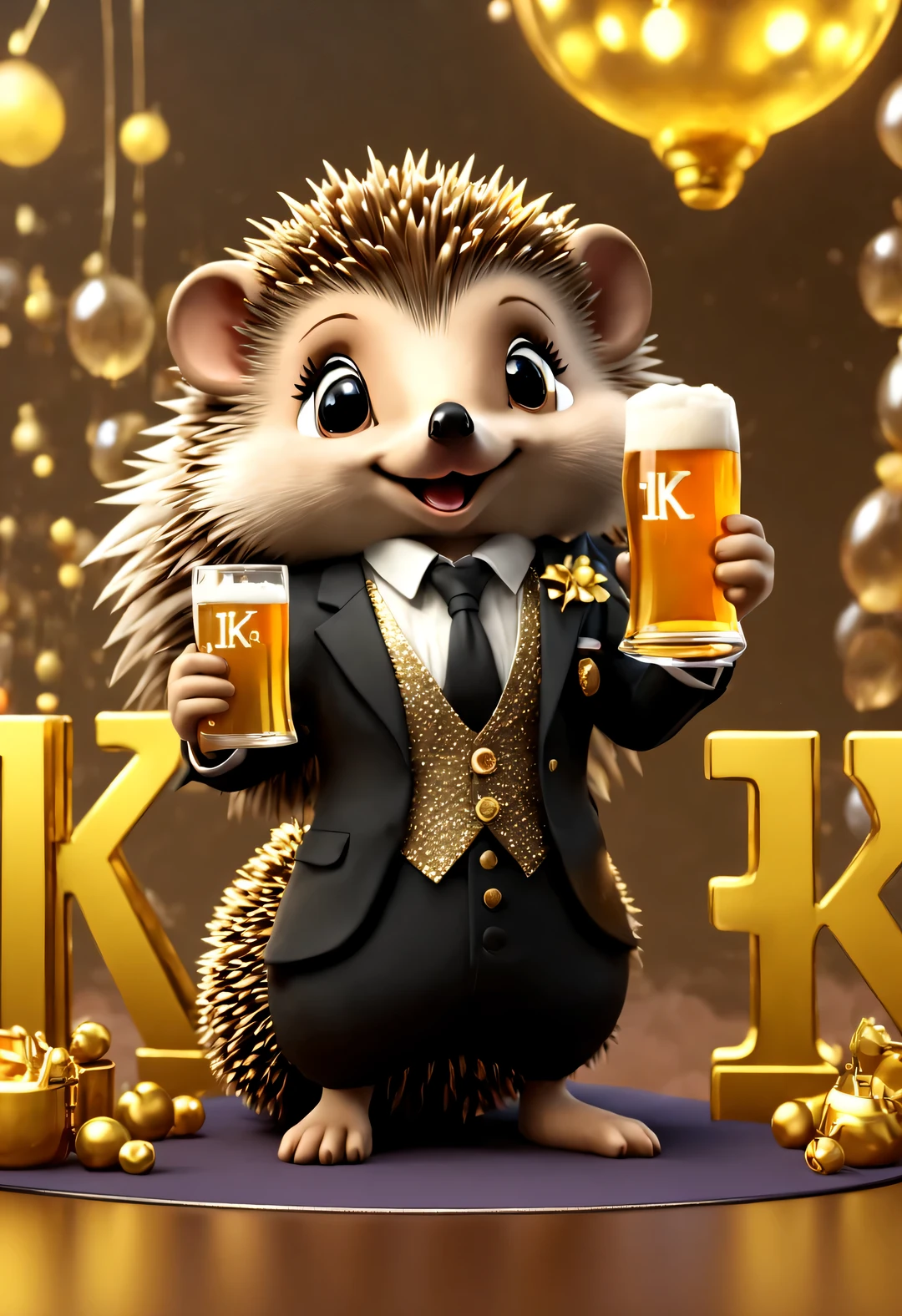 (Kawaii cartoon with bow, Wear exquisite and high-end women&#39;s suits and dresses, Hedgehog holding aloft a huge beer mug), (Bow to the camera), (There are huge golden letters on the table "1K": 1.37), (many, many large beer glasses), champagne bottle,
tilt and move, cartoon, illustration, 3d rendering,