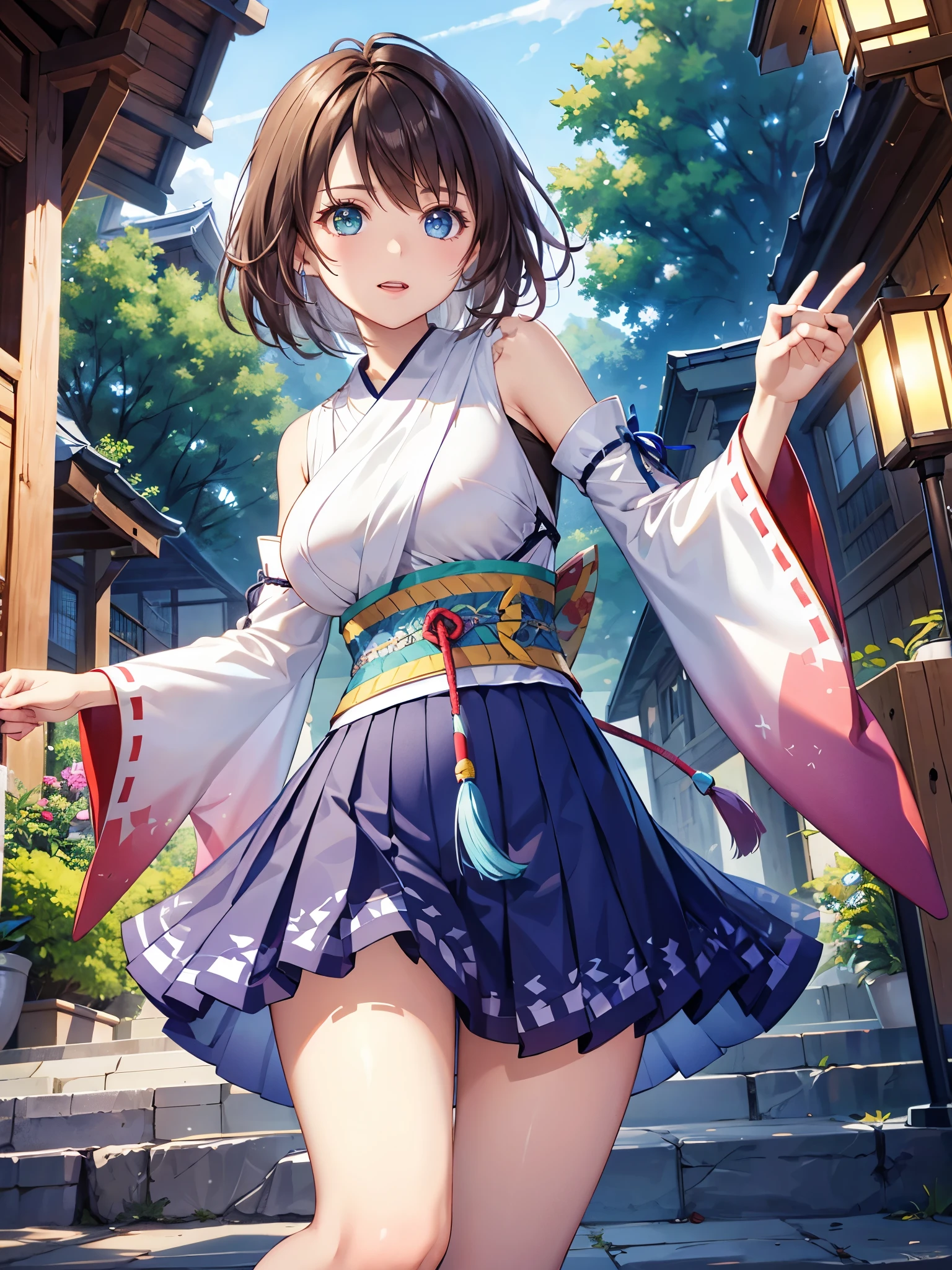 (1 girl),(high quality), (High resolution), (extremely detailed), (8K),(focus on lower body),transparent outfit,(CG illustration)YunaFFX、heterochromiashort hair,YunaFFX、heterochromia、short hair、YunaOutfit、hair ornaments、Removal sleeve、hakama、band、hakamaスカート、long skirt,(Beautifully erect nipple shape),High resolutionの美しい目,(neutral white lighting:1.2),dancing,