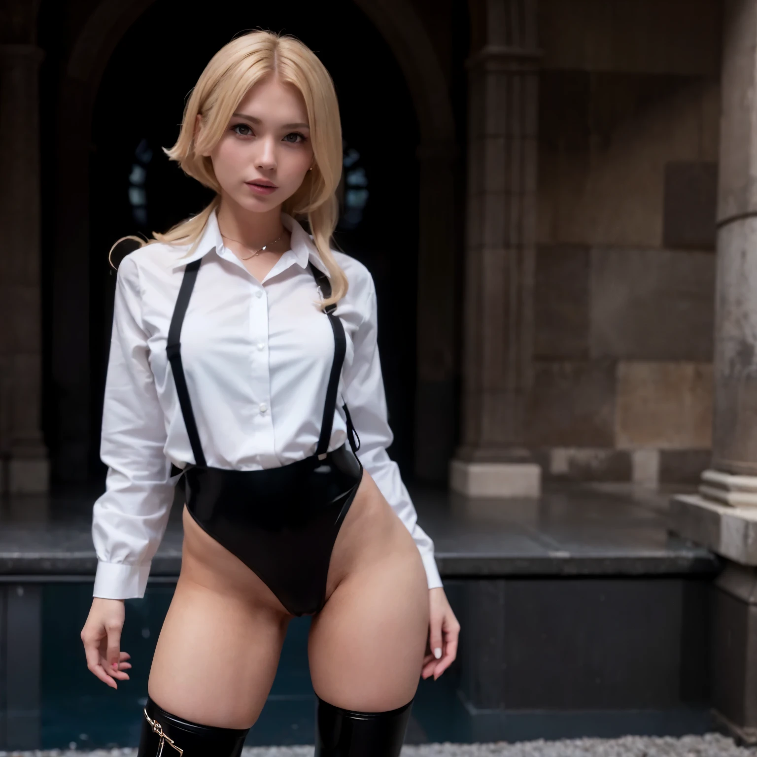 there is a woman in a black and white outfit posing for a picture, a hyperrealistic , hyperrealistic , dressed like a high school girl, Anna Nikonova、Also known as New Milky, realistic , wearing a principal&#39;s uniform, very sexy costume, pretty face with arms and legs, Satisfied pose, Dasha Taran, blonde goddess, sexy costume, tight clothing
