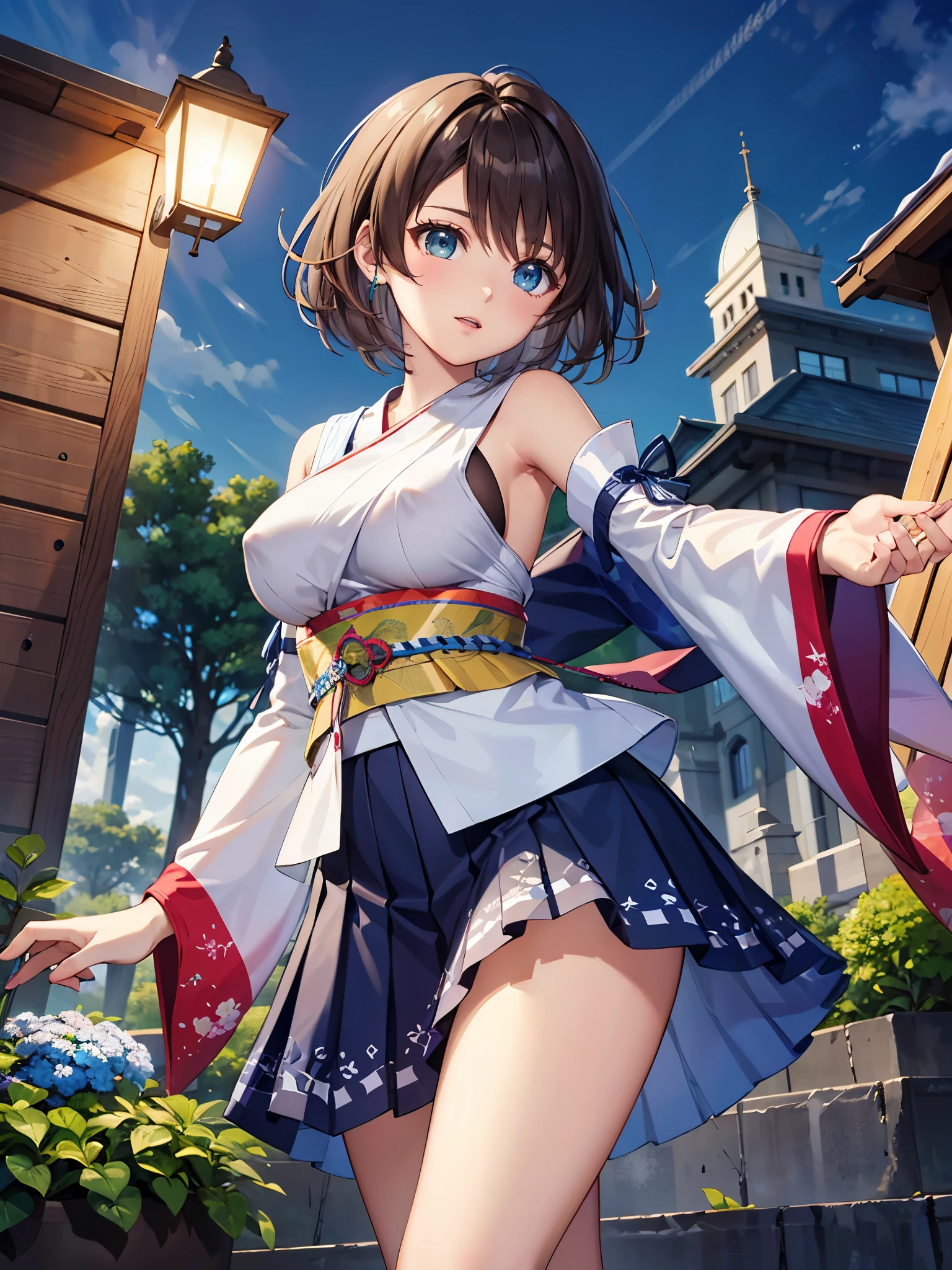 (1 girl),(high quality), (High resolution), (extremely detailed), (8K),(focus on lower body),transparent outfit,(CG illustration)YunaFFX、heterochromiashort hair,YunaFFX、heterochromia、short hair、YunaOutfit、hair ornaments、Removal sleeve、hakama、band、hakamaスカート、long skirt,(Beautifully erect nipple shape),High resolutionの美しい目,(neutral white lighting:1.2),dancing,