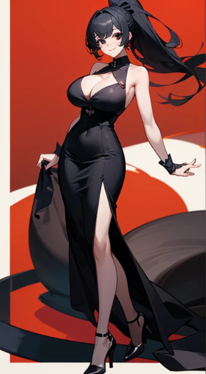 1 girl, game CG, black clothes, I can see the cleavage, I can see your shoulders, black dress,Mimoreドレス, Mimore,黒いrace, black shoes,high heels, huge breasts, black hair, long hair, ponytail, black eyes, smile, black stockings,黒いhigh heels,race,bangs