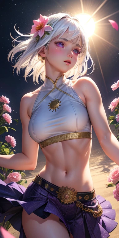 realistic, 1girl, white hair, purple eyes, glowing eyes, crop top, skirt, parted lips, blush, night, flowers, sun, sunlight,
