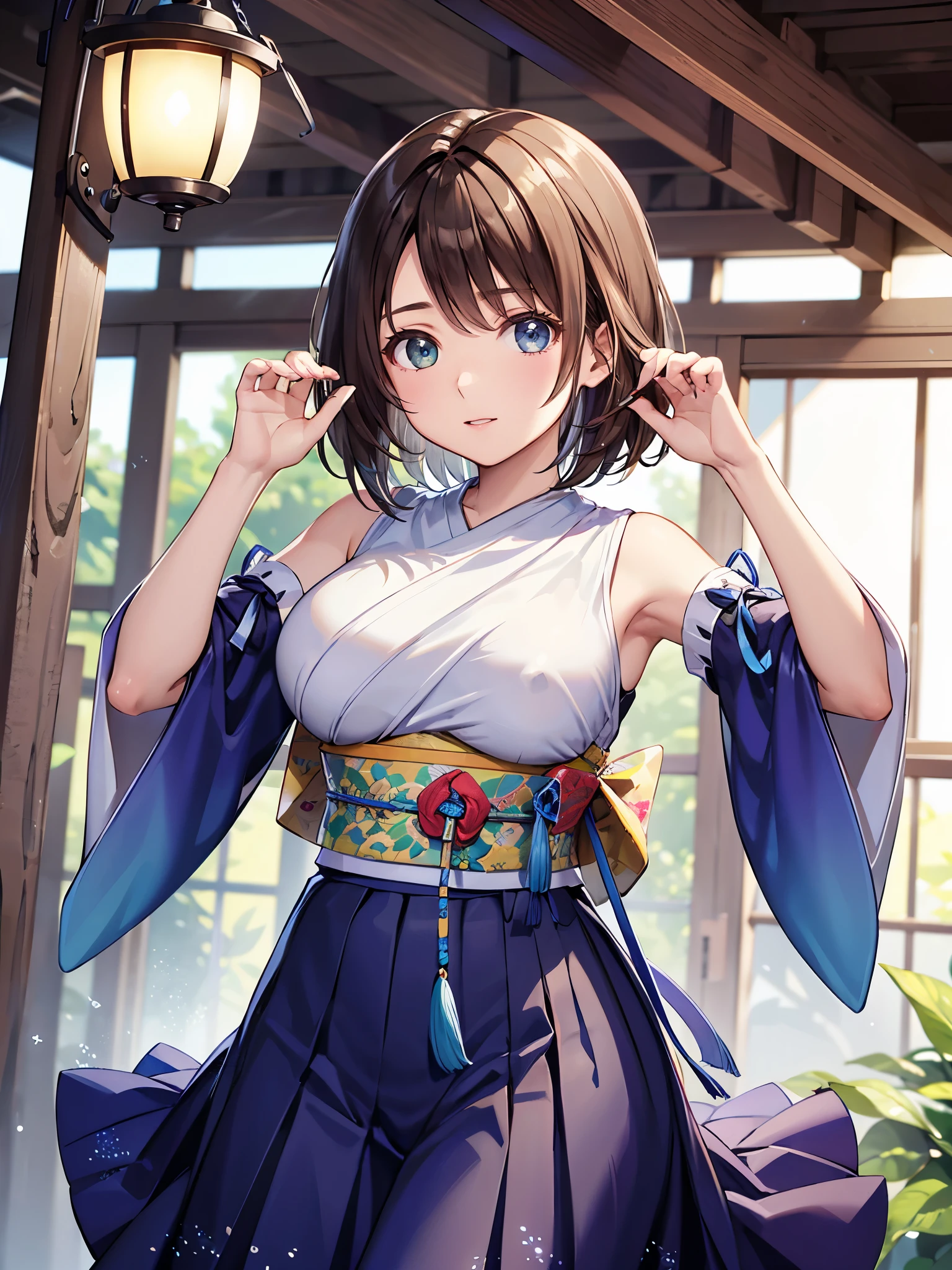 (1 girl),(high quality), (High resolution), (extremely detailed), (8K),(focus on lower body),transparent outfit,(CG illustration)YunaFFX、heterochromiashort hair,YunaFFX、heterochromia、short hair、YunaOutfit、hair ornaments、Removal sleeve、hakama、band、hakamaスカート、long skirt,(Beautifully erect nipple shape),High resolutionの美しい目,(neutral white lighting:1.2),dancing,