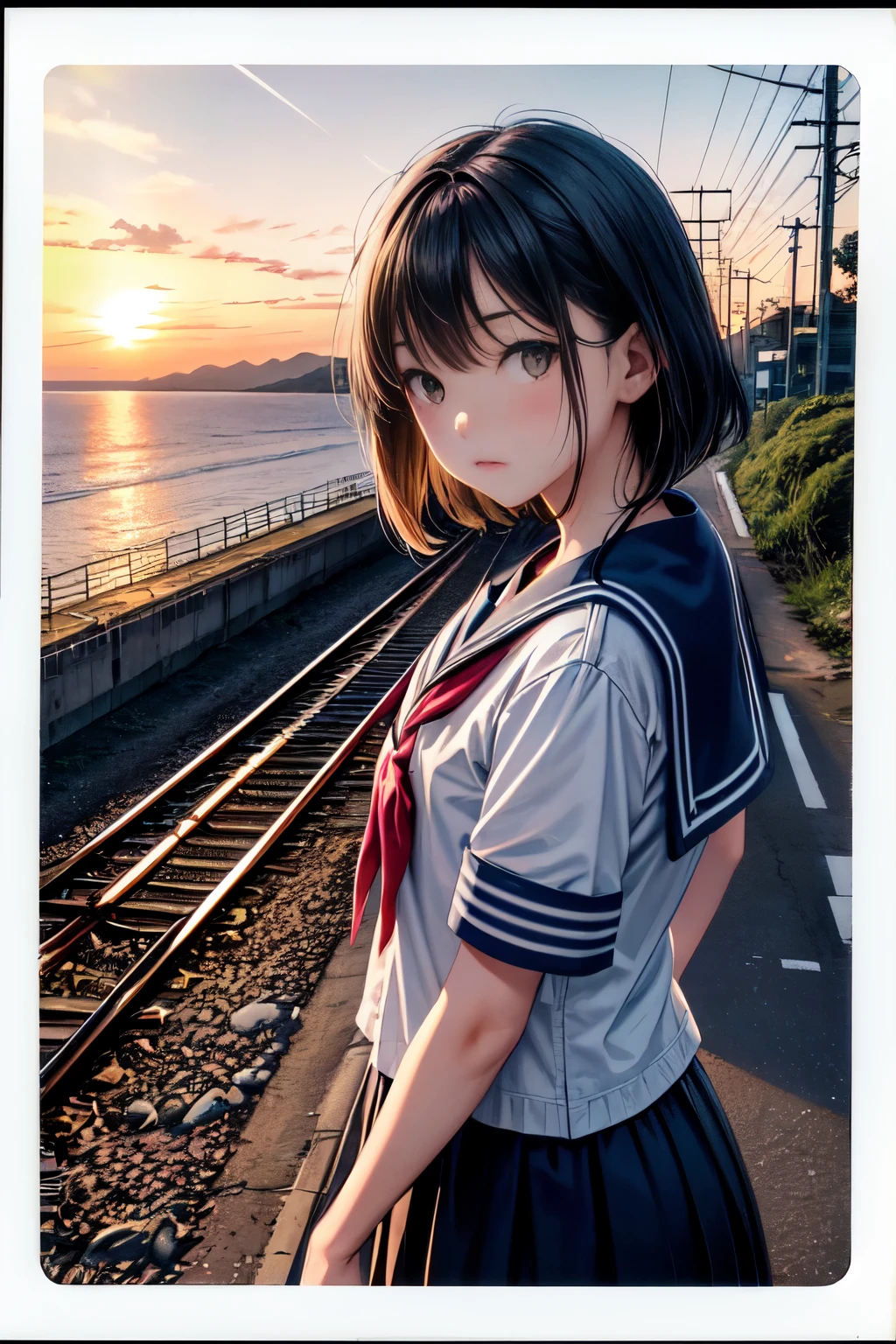 A Polaroid photo of a railroad crossing overlooking the Sea of Japan, with a girl in a sailor suit walking in the backlight of the setting sun, on a paved road, with railway tracks and road signs, taken with a strobe technique, underexposed, with a soft focus, against the backdrop of a sunset, with lens flare and vignetting