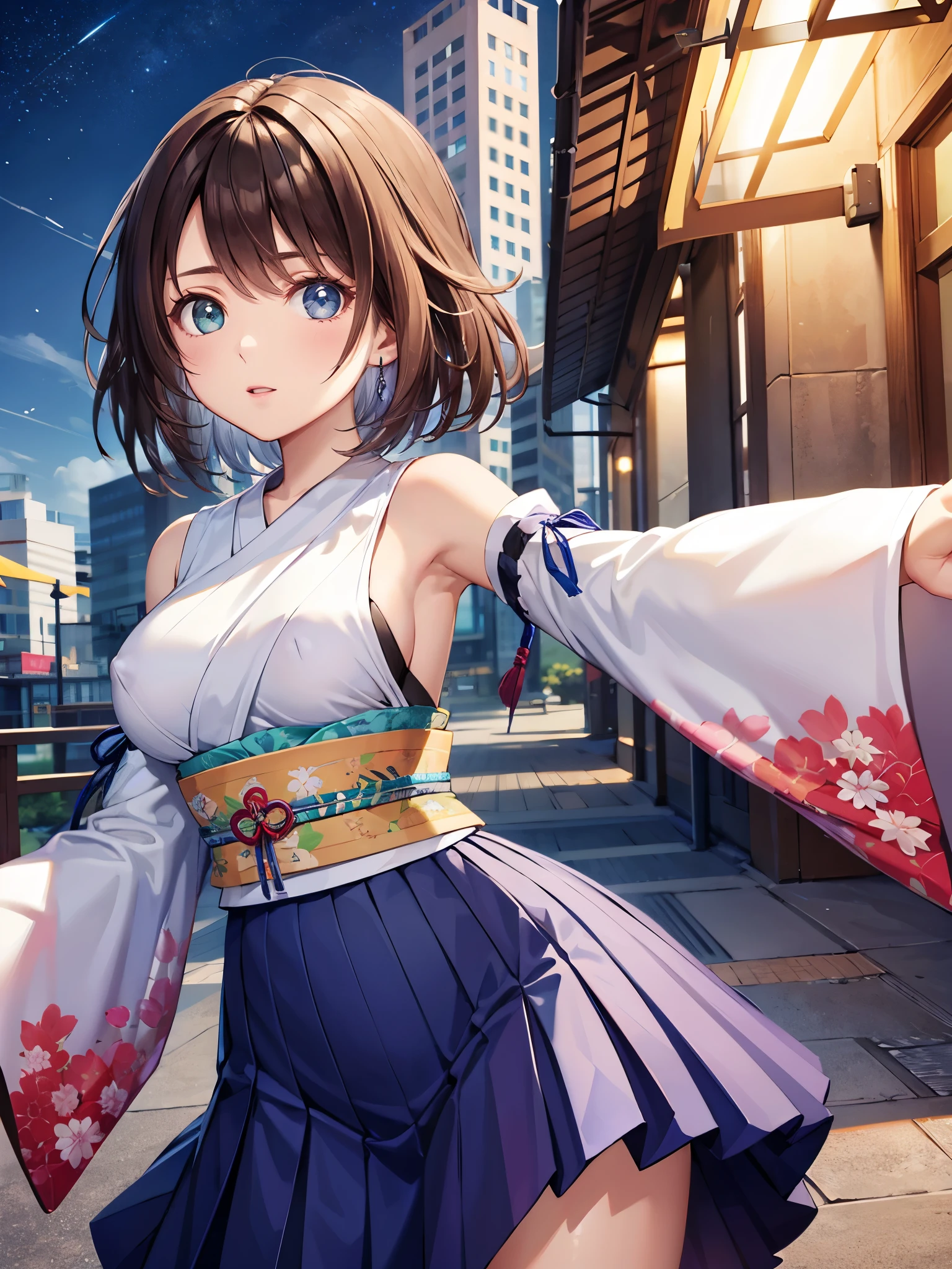 (1 girl),(high quality), (High resolution), (extremely detailed), (8K),(focus on lower body),transparent outfit,(CG illustration)YunaFFX、heterochromiashort hair,YunaFFX、heterochromia、short hair、YunaOutfit、hair ornaments、Removal sleeve、hakama、band、hakamaスカート、long skirt,(Beautifully erect nipple shape),High resolutionの美しい目,(neutral white lighting:1.2),dancing,