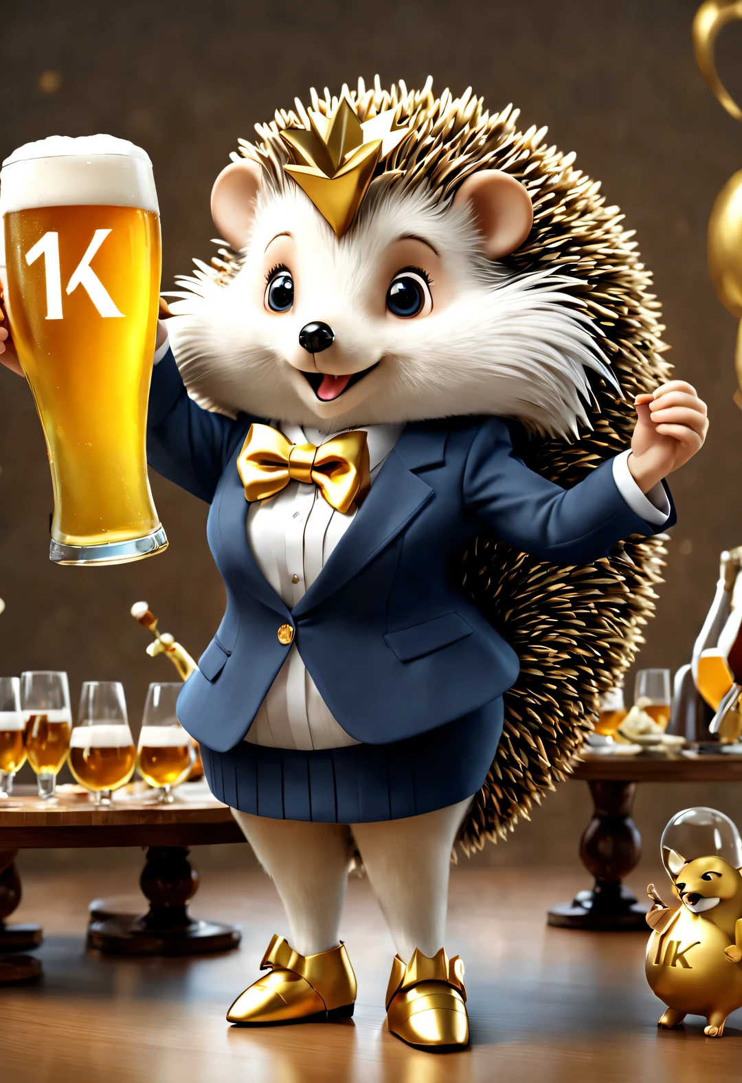 (Kawaii cartoon with bow, Wear exquisite and high-end women&#39;s suits and dresses, Hedgehog holding aloft a huge beer mug), (Bow to the camera), (There is a huge golden letter on the table "1K": 1.37), (many, many large beer glasses), champagne bottle,
tilt and move, cartoon, illustration, 3d rendering,