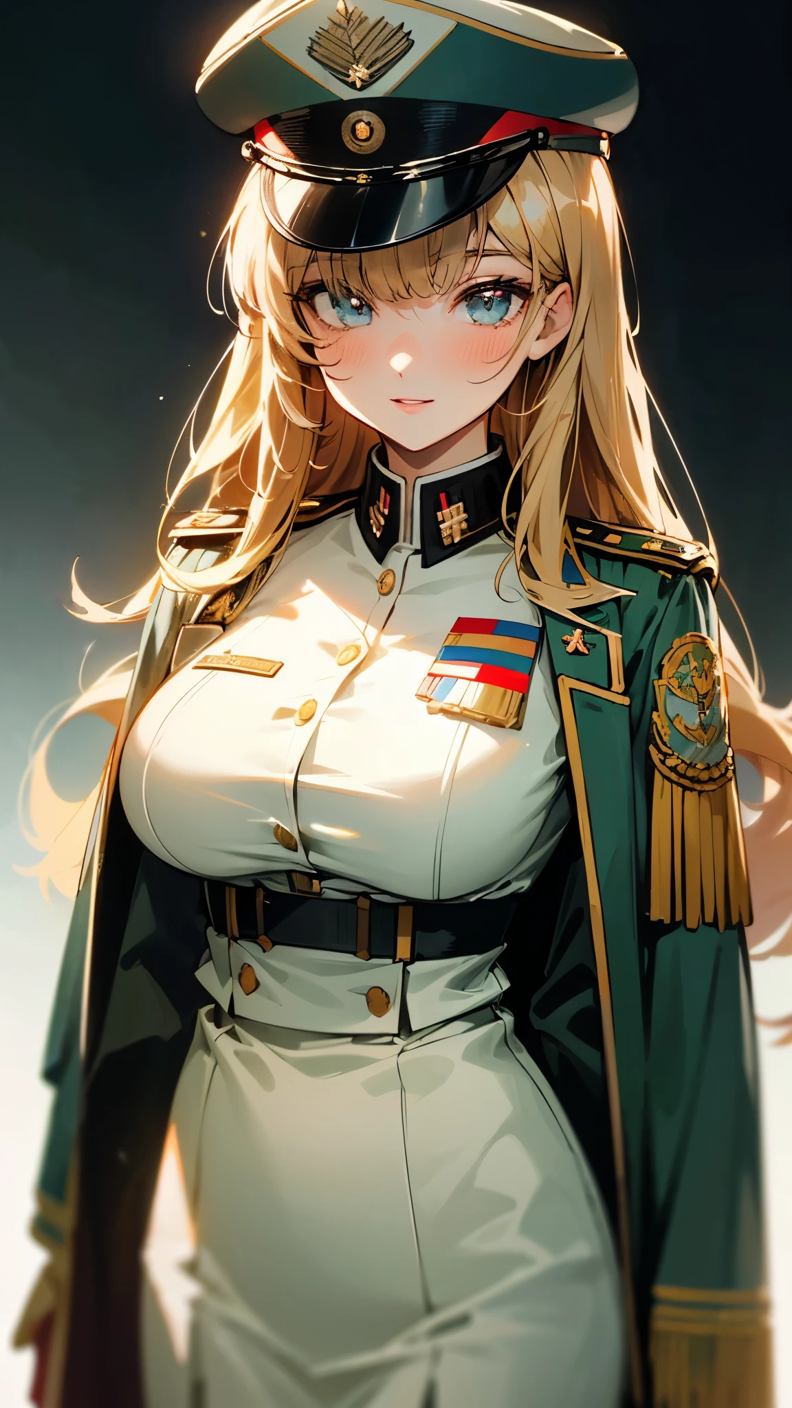 (UHD, retina, masterpiece, accurate, anatomically_correct, textured_skin, super_detail, high_details, high_quality, best_quality, high_res, 1080P, HD, 4K, 8k, 16k), (beautiful_detailed_eyes, beautiful_detailed_lips, extremely_detailed_eyes_and_face), soft_lighting, physically-based_rendering, vivid_colors, (large_breasts:1.5), (shiny_hair, shiny_skin, tanned_skin, blush), (bangs:1.5), eye_reflection, (bokeh, cockpit, science_fiction), smile_and_laugh, (military_cap, military_uniform_coat, rank_insignia, press:1.5),