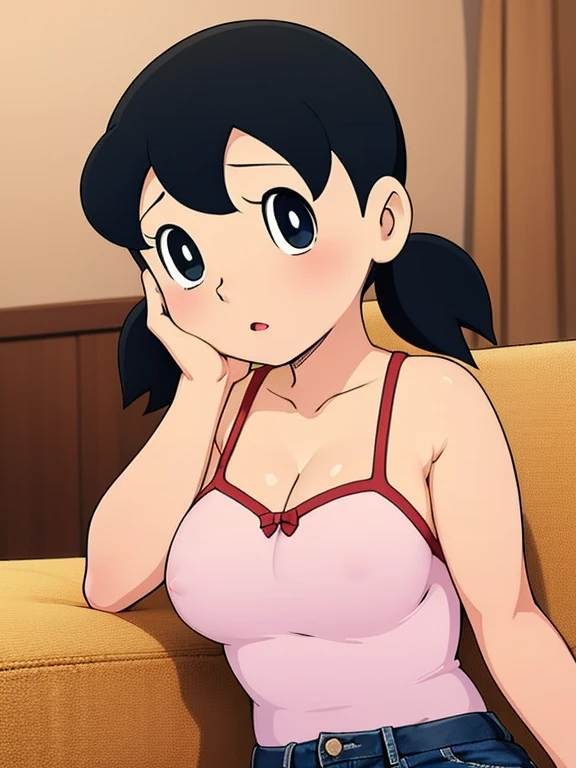 1girl, solo, upper body, black hair, twintails, large breasts, cleavage, short twintails, loose camisole, backrest on sofa,