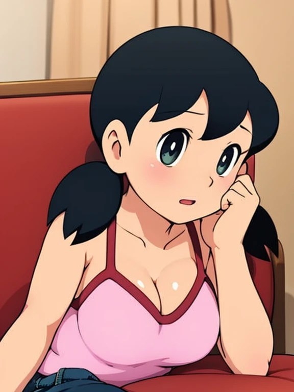 1girl, solo, upper body, black hair, twintails, large breasts, cleavage, short twintails, loose camisole, backrest on sofa,