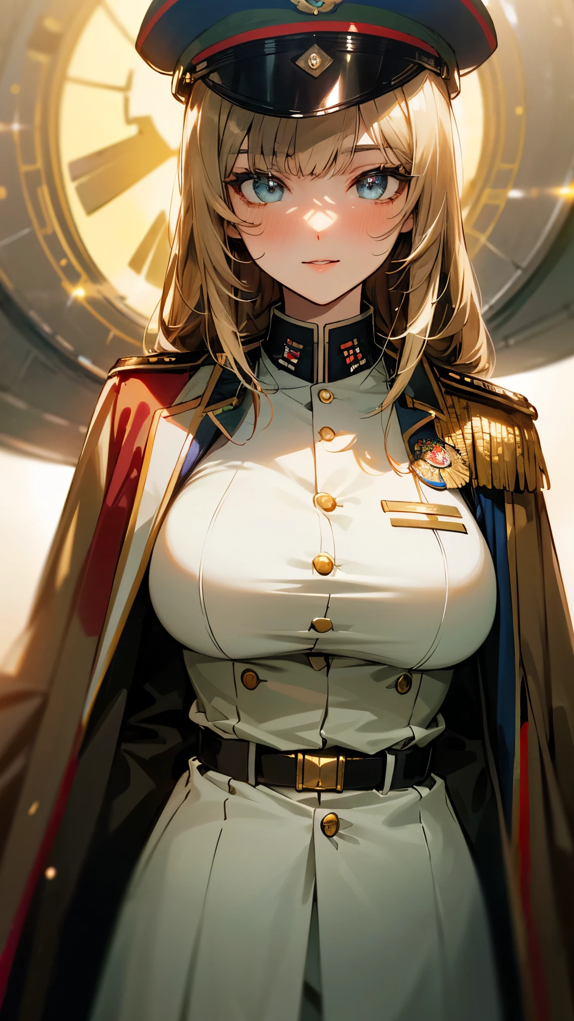 (UHD, retina, masterpiece, accurate, anatomically_correct, textured_skin, super_detail, high_details, high_quality, best_quality, high_res, 1080P, HD, 4K, 8k, 16k), (beautiful_detailed_eyes, beautiful_detailed_lips, extremely_detailed_eyes_and_face), soft_lighting, physically-based_rendering, vivid_colors, (large_breasts:1.5), (shiny_hair, shiny_skin, tanned_skin, blush), (bangs:1.5), eye_reflection, (bokeh, cockpit, science_fiction), smile_and_laugh, (military_cap, military_uniform_coat, rank_insignia, press:1.5),