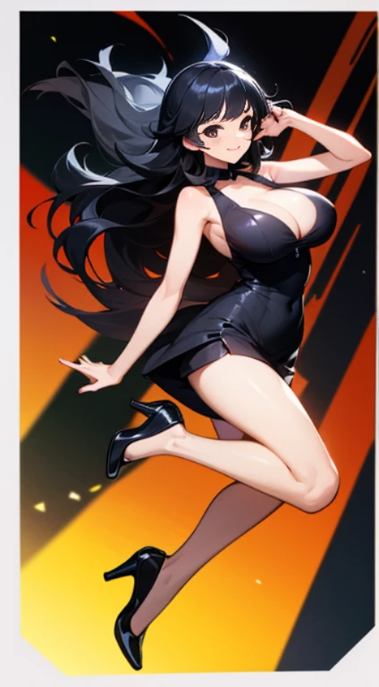 1 girl, game CG, black clothes, I can see the cleavage, I can see your shoulders, black dress，Princessドレス, Princess，黒いrace，  black shoes,high heels， huge breasts, black hair, long hair, up hair,  black eyes, smile, black stockings，黒いhigh heels，race，bangs