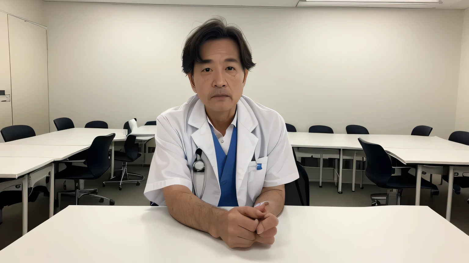 4K,RAW photo,photorealistic stick,High resolution、Japan Middle Aged Man,(very detailed face, very),(look at the camera),(Take a full body photo),(fine eyes, very detailed skin),(very detailed fingers),(very detailed nose),(beauty clinic nurse),(sitting at a white office desk),(serious expression),(Wearing a doctor's lab coat),(The background is a clean and tidy examination room with white walls in a hospital..)
