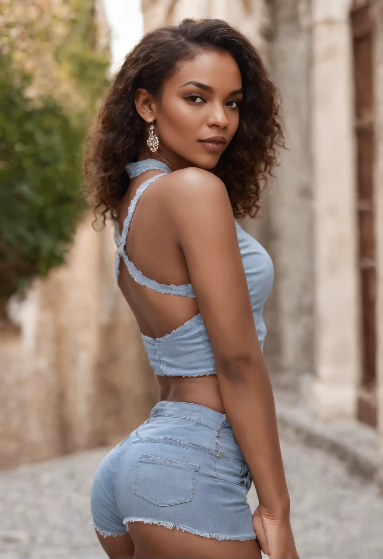 ((Peau africaine foncée, peau d&#39;ébène très profonde)), ((Sa beauté est indéniable)), ((Visage mignon excité)), ((Yeux noisette parfaits hyper détaillés,)), ((pose mignonne)), , ((séduisant )), sexy, (( Chemise en maille serrée, shorts courts sexy)), ((Cheveux africains lisses longue queue de cheval bouclée,)), (( peau)), ((debout, vue de face)), ((toucher ses propres jambes dans une pose sexy)), ((dehors, Ville publique)), cgi de mise au point nette, photoréaliste, détail élevé, Réaliste, chef-d&#39;œuvre, absurdes, meilleure qualité, HDR, Haute qualité, haute définition, extrêmement détaillé, Fond d&#39;écran 8k, détails complexes, 8k euh, Full HD, (photo réaliste:1.2), Contraste, éclairage intense, cinématique d&#39;éclairage, éclairage naturel, Lumière forte, Contre-Jour, Éclairage global, occlusion ambiante 22ans