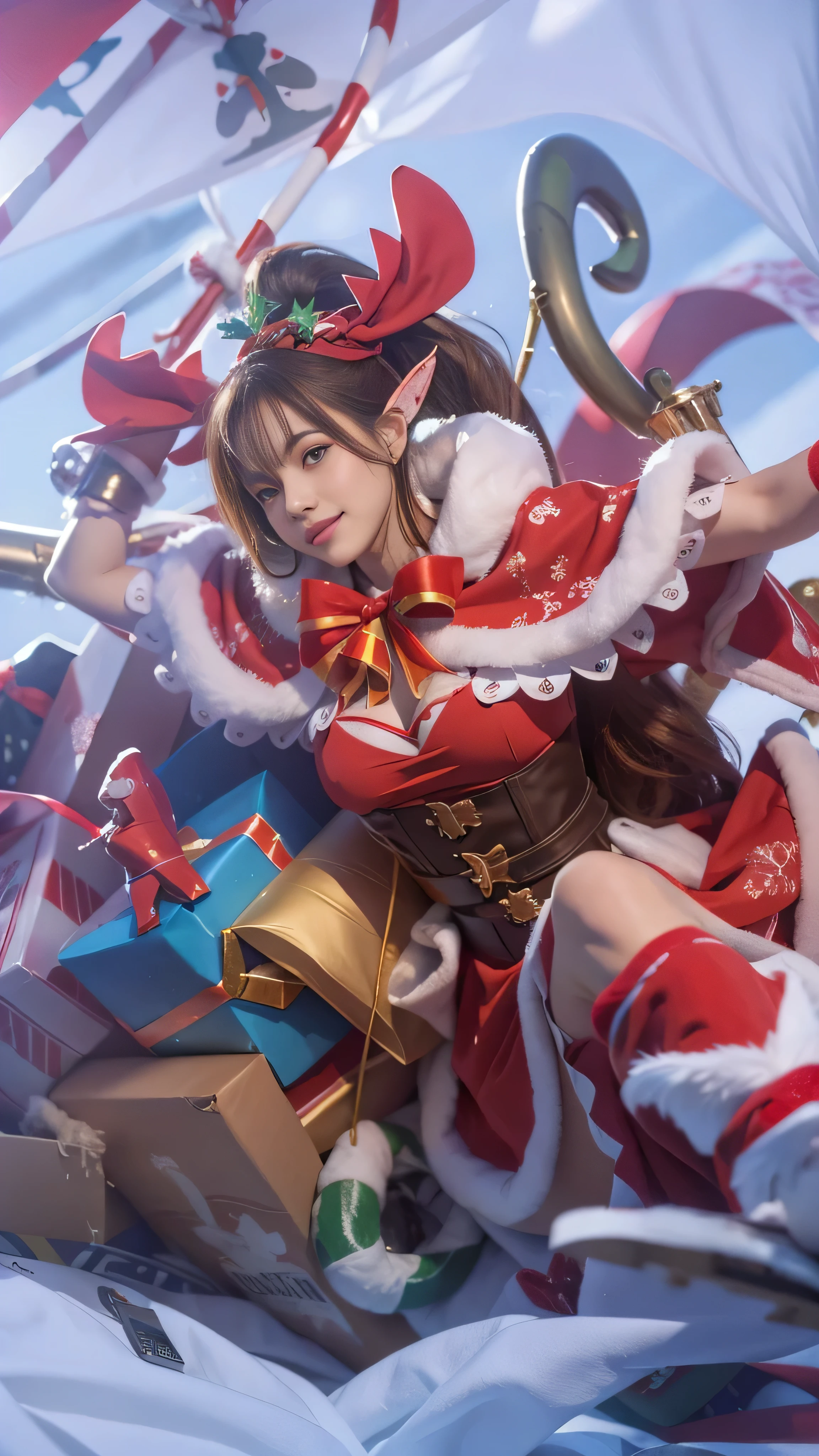 8k, very detailed, beautiful girl dressed as santa with gifts