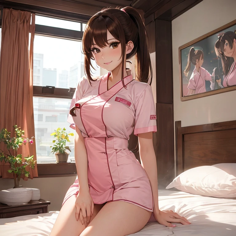 highest quality(: 1.3),(masterpiece: 1.3),(Super detailed: 1.3),([diamond: 1.3|eye]:1.2),(brown hair:1.3),(Straight ponytail),1 female,enchanting smile,looking at the viewer,((pink nurse uniform)),((open vagina))) ,((Shaggy public hair))