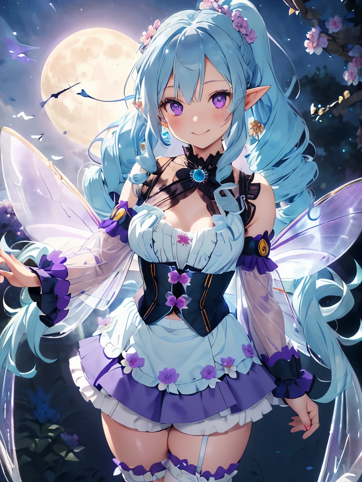 (light blue hair:1.2),(long hair with curls:1.3),(drill curl hair:1.25),(ponytail:1.3),(purple eyes:1.4),(Eye size:1.5),(Accessories with flower motifs:1.3),(One piece made of smooth material:1.3),(sheer sleeve:1.35),(White corset:1.25),(asymmetric hem skirt:1.4),(fluffy shorts:1.35),(gladiator shoes:1.25),(Background full of blooming flowers:1.5),(blush),(cute smile:1.3),(small breasts:1.6),(close up of face:1.25),(elf ears:1.2),(transparent wings like a fairy:1.4),(Night sky with extra large full moon:1.25),(fly cheerfully in the sky:1.6)