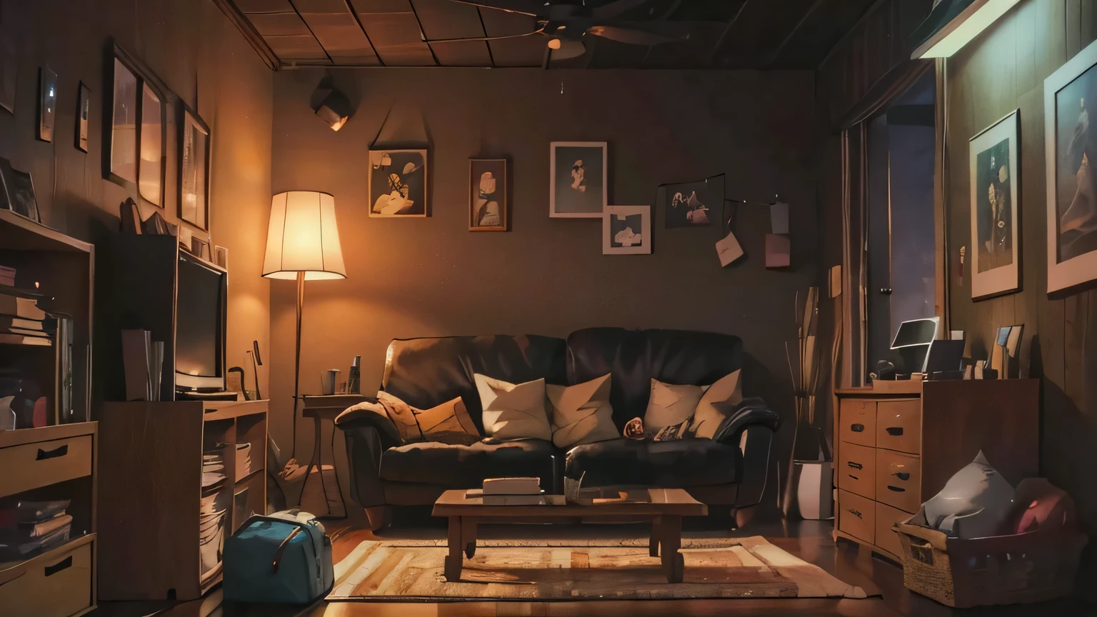 unmanned, cozy room at night, Usando fones de ouvido, Anime estilo 2D, Lo-fi, disco Rigido, Ambiente escuro,, cabelo marrom, olhos pretos, pele parda, unmanned, cozy room at night, 2D style anime, lo fi, hard disk, dark environment