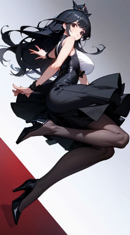 1girl, solo, black hair, very long hair, blunt bangs, hair clips, red eyes, large breasts, turtleneck, white sweater, formal, black jacket, black suit, long sleeves, Id card, black skirt, black pantyhose, thigh strap, thigh holster, black footwear, high heels, plain black background