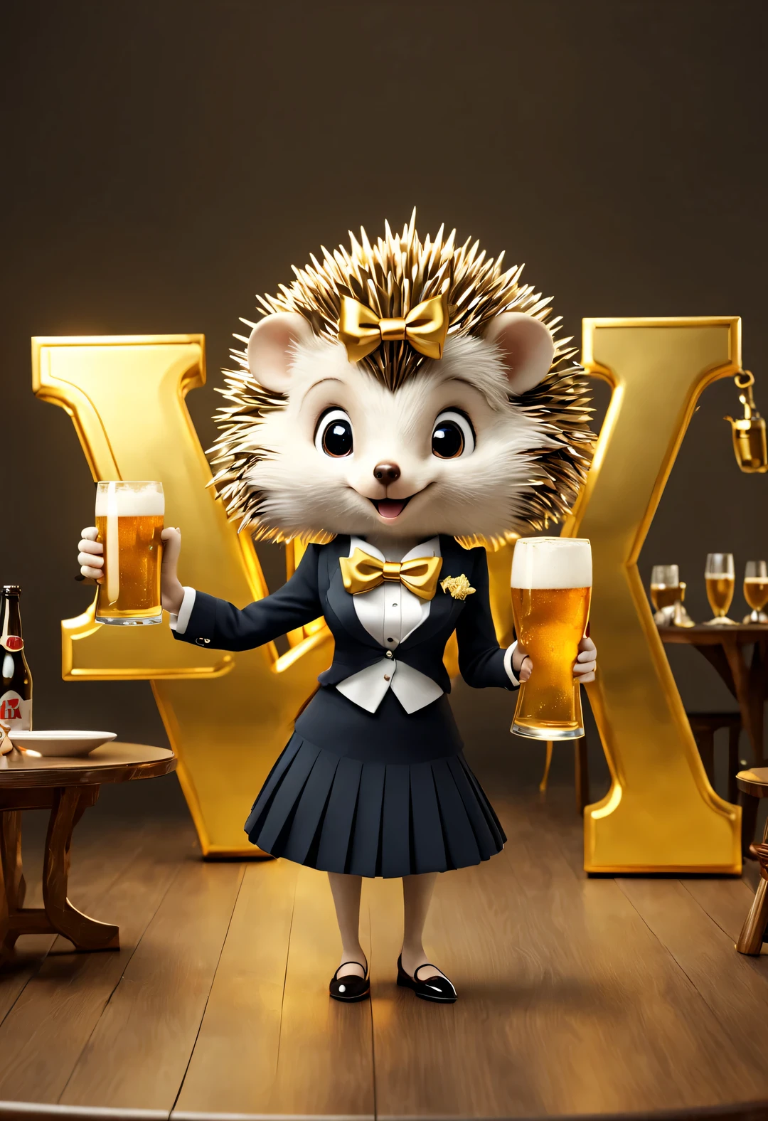 (Exquisite women&#39;s suit skirt with slender bow-tie hedgehog holding aloft an oversized beer mug), (Bow to the camera), (There is a huge golden letter on the table "1K": 1.37), (many, many large beer glasses), champagne bottle, Kawaii cartoon,
tilt and move, cartoon, illustration, 3d rendering,