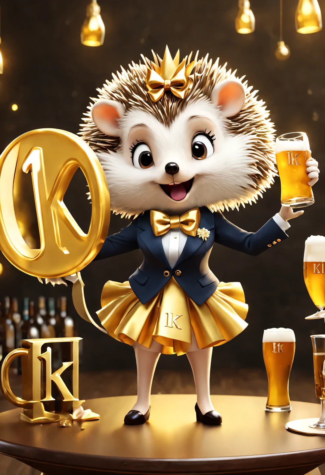 (Exquisite women&#39;s suit skirt with slender bow-tie hedgehog holding aloft an oversized beer mug), (Bow to the camera), (There is a huge golden letter on the table "1K": 1.37), (many, many large beer glasses), champagne bottle, Kawaii cartoon,
tilt and move, cartoon, illustration, 3d rendering,