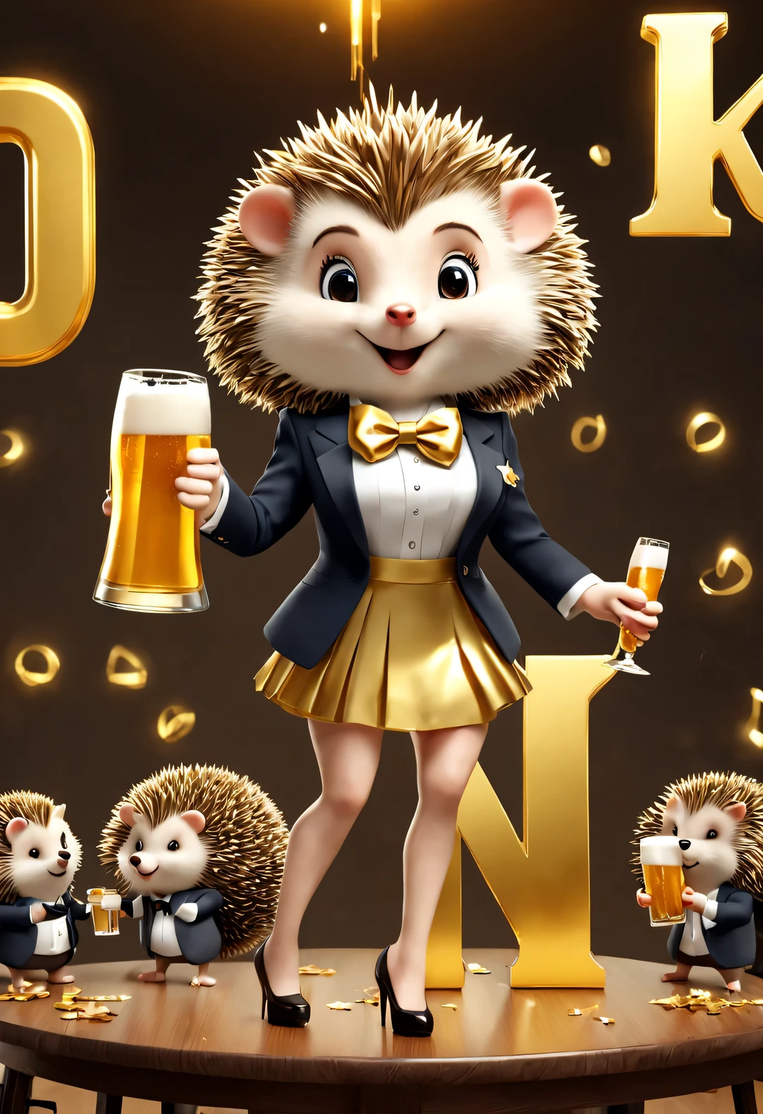 (Exquisite women&#39;s suit skirt with slender bow-tie hedgehog holding aloft an oversized beer mug), (Bow to the camera), (There is a huge golden letter on the table "1K": 1.37), (many, many large beer glasses), champagne bottle, Kawaii cartoon,
tilt and move, cartoon, illustration, 3d rendering,