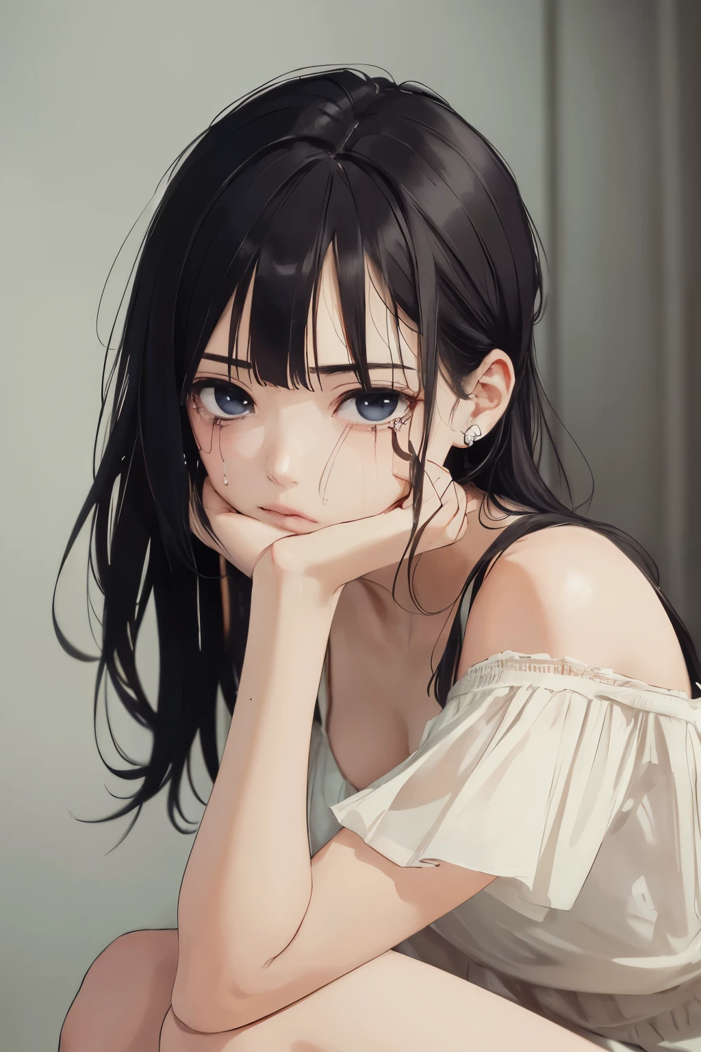 ((highest quality)), ((masterpiece)), (be familiar with), perfect face sad　Are crying　girl　dark room　one piece　tears　sitting down　looking down　Anxious face　Crying　black hair　face slightly down
