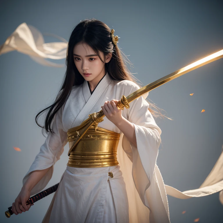 Martial arts，Female swordsman，Beautiful fairy face，Half-covered face with gold，mask，************，hair bleached，clothing slim fit