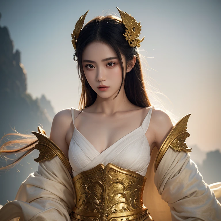 Martial arts，Female swordsman，Beautiful fairy face，Half-covered face with gold，mask，************，hair bleached，clothing slim fit