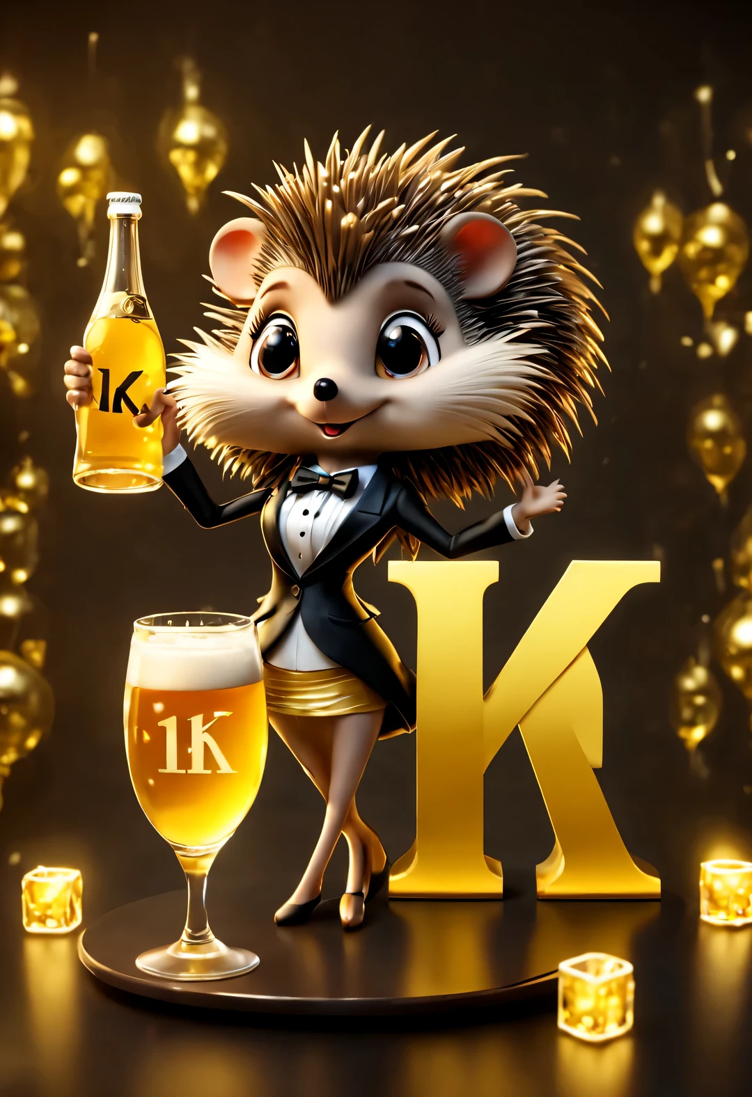 (Kawaii cartoon with bow, Wear exquisite and high-end women&#39;s suits and dresses, Hedgehog holding aloft a huge beer mug), (Bow to the camera), (There are huge golden letters on the table "1K": 1.37), (many, many large beer glasses), champagne bottle,
tilt and move, cartoon, illustration, 3d rendering,