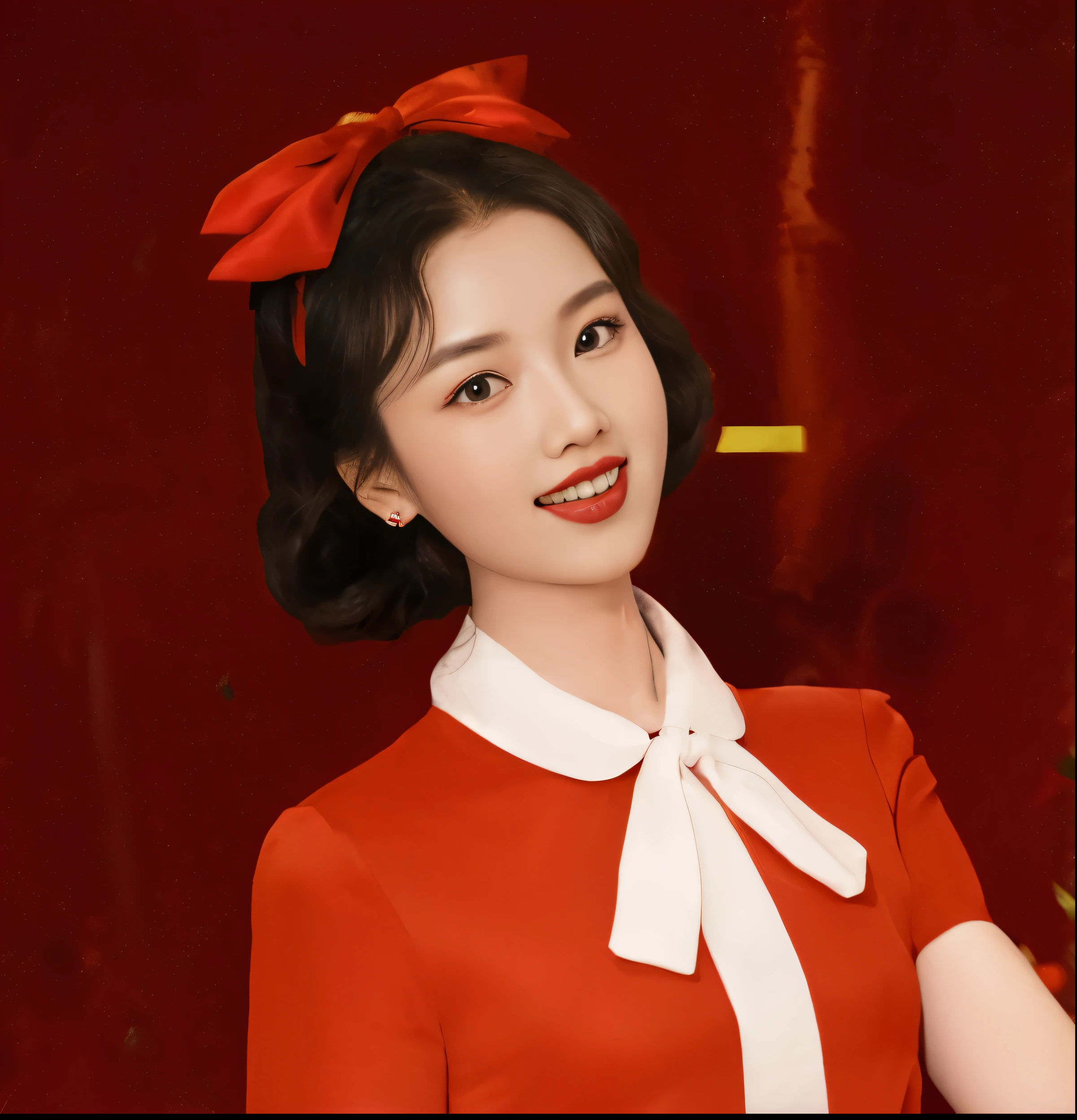 there is a woman in a red dress posing for a picture, a red bow in her hair, bowknot, sha xi, wearing a red cheongsam, lulu chen, official artwork, xintong chen, cai xukun, cheongsam, red bow in hair, li zixin, red hairband, wearing red attire, fanart, yun ling, album art