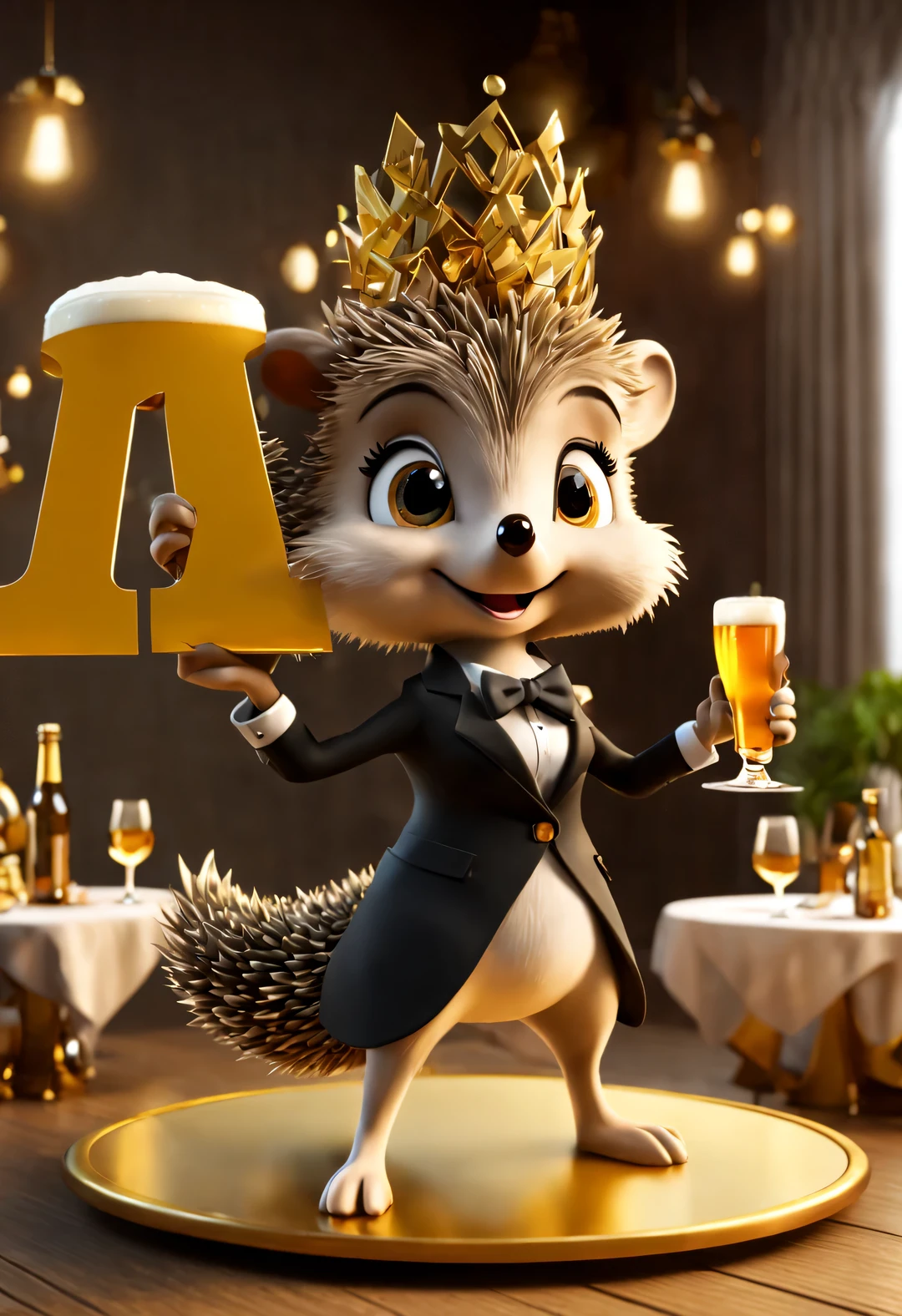 (Exquisite women&#39;s suit skirt with slender bow-tie hedgehog holding aloft an oversized beer mug), (Bow to the camera), (There is a huge golden letter on the table "1K": 1.37), (many, many large beer glasses), champagne bottle, Kawaii cartoon,
tilt and move, cartoon, illustration, 3d rendering,