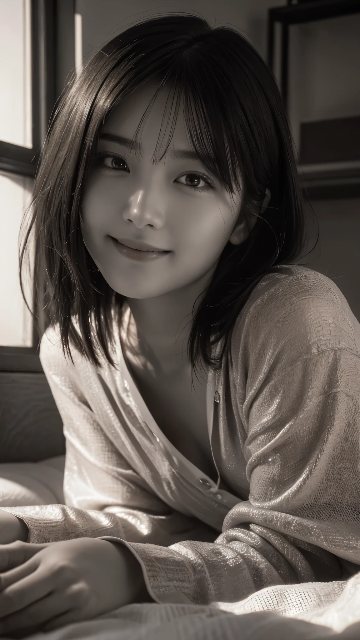 (highest quality,8K,masterpiece:1.3,),(ultra high resolution,photorealistic:1.4,RAW photo),(Super detailed,caustics),[lora:siitake-eye:0.4],[lora:flat2:0.4],(monochrome photography:1.2),bed,blanket,(sleep on your stomach),18-year-old,cute,Black Hair Middle Hair,Smiling and looking at the camera,Silk Pajamas,big ,Sunset through the window,Backlight,(front shot),bust up shot,(face focus:1.1),(Face close-up:1.2),(low position:1.2),(Low - Angle:1.1)