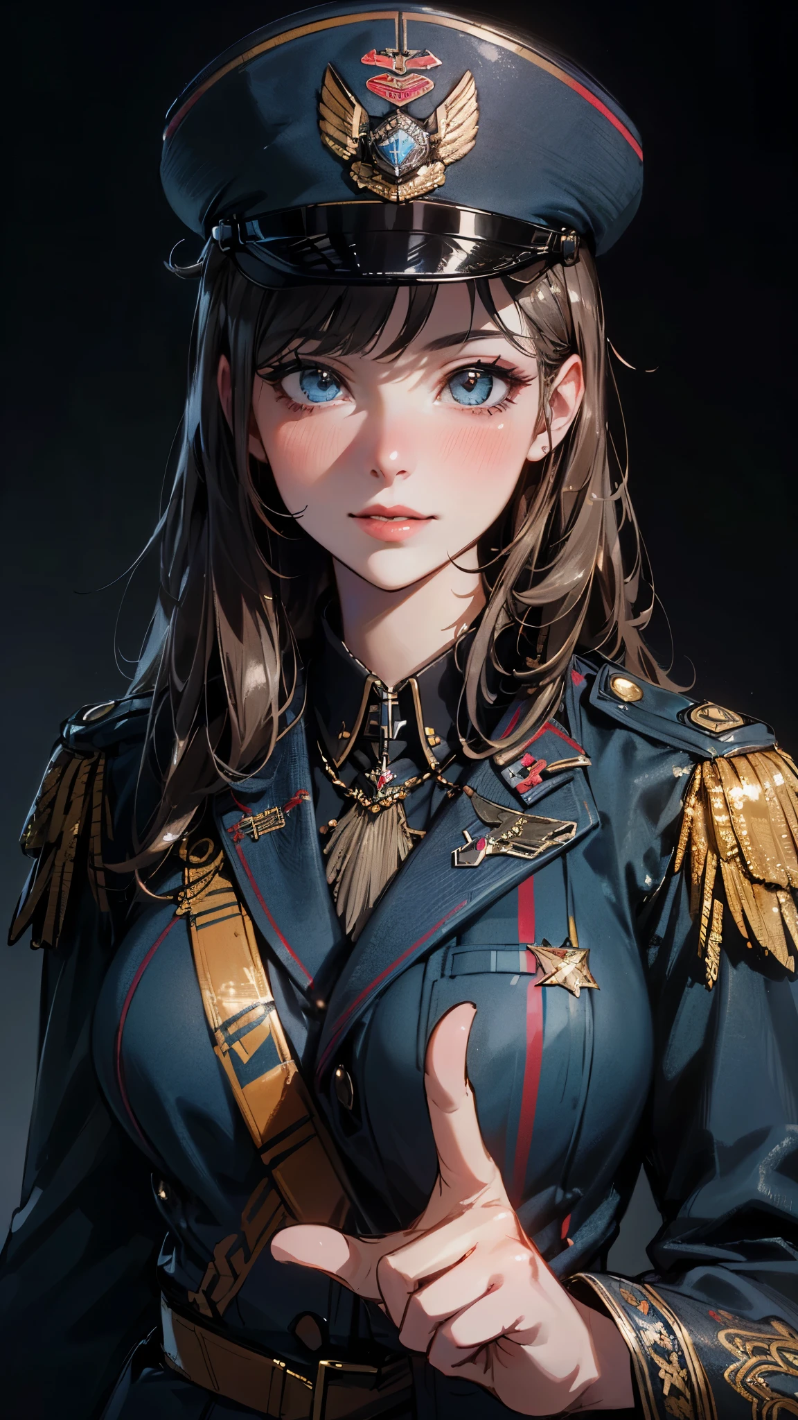 (UHD, retina, masterpiece, accurate, anatomically_correct, textured_skin, super_detail, high_details, high_quality, best_quality, high_res, 1080P, HD, 4K, 8k, 16k), (beautiful_detailed_eyes, beautiful_detailed_lips, extremely_detailed_eyes_and_face), soft_lighting, physically-based_rendering, vivid_colors, (large_breasts:1.5), (shiny_hair, shiny_skin, tanned_skin, blush), (bangs:1.5), eye_reflection, (bokeh, cockpit, science_fiction), smile_and_laugh, (military_cap, military_uniform_coat, rank_insignia, pointing:1.5),