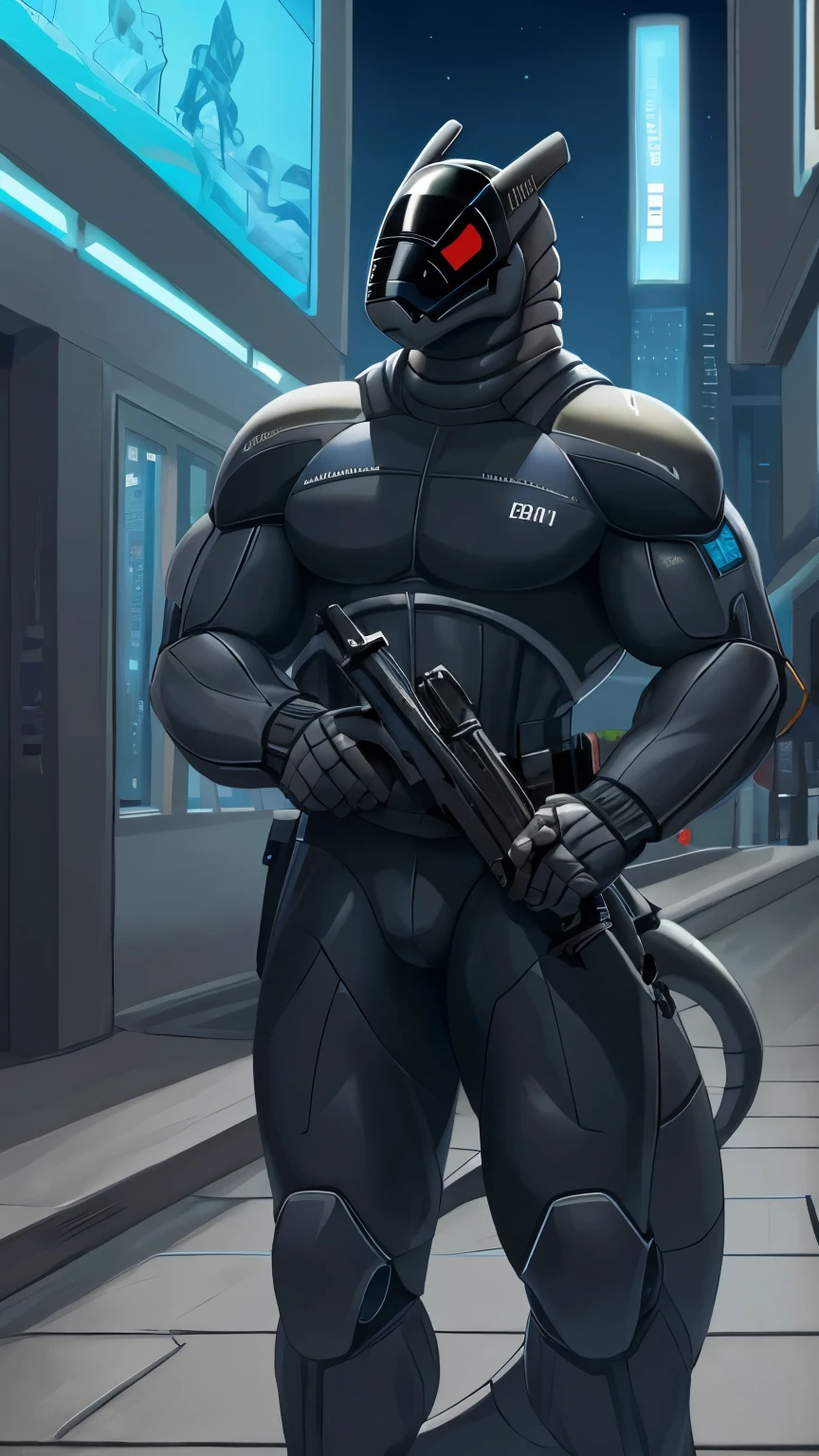 best quality, masterpiece work, high quality, synth (vader-san), lizard, ((security robot)), guards, bodyguard, bodyguard, very muscular, male muscular, Gigachad Muscular, sexy muscular, thick thighs, Long tail, ((guards 의상)), Pick up a gun, strike a pose, future city background